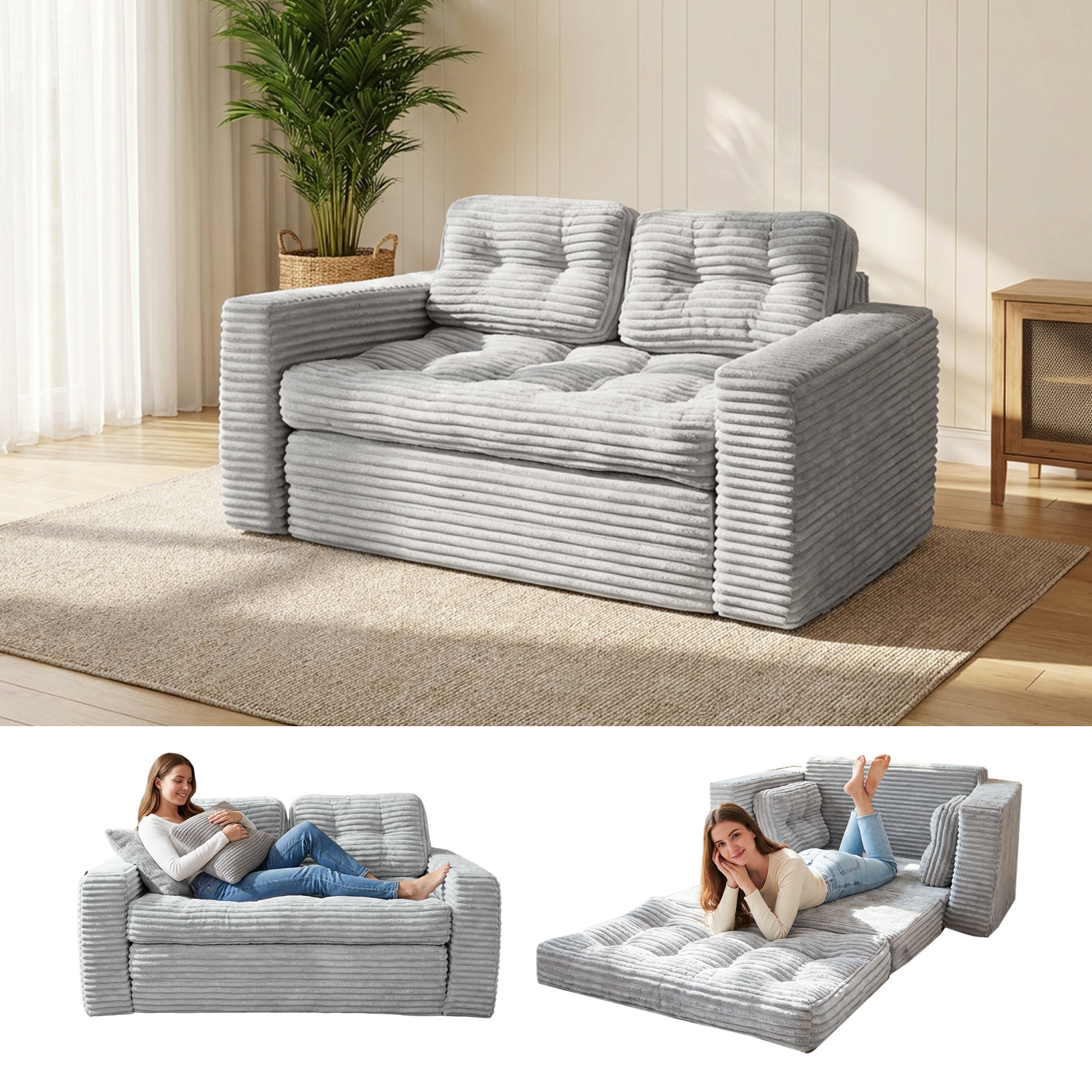 TEMU 2-in-1 Convertible Sofa Bed Corded Fabric Loveseat Futon With High-density Foam, Folding Floor Couch For Small Spaces (white)