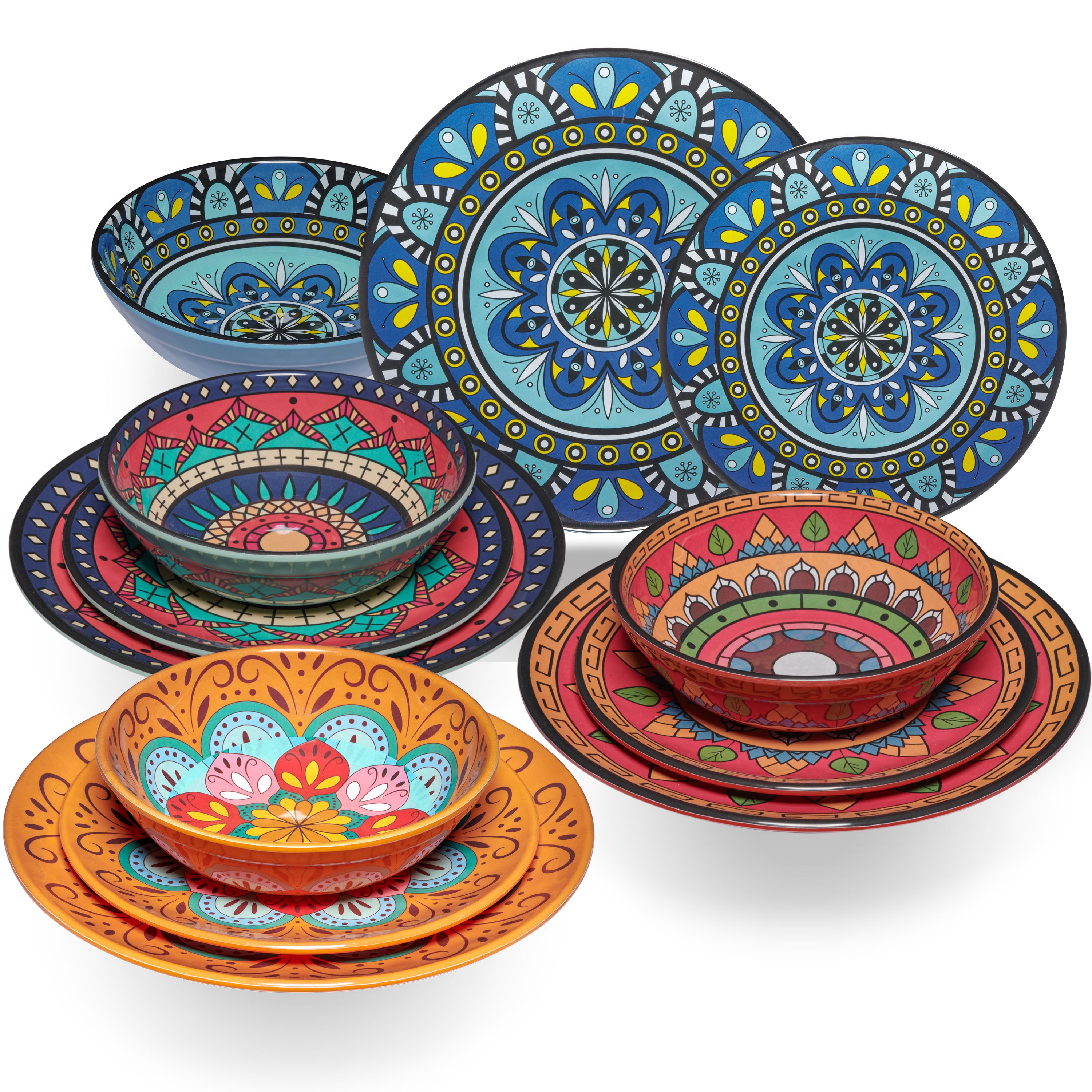 E-shop Melamin Geschirr Set für 4 Personen - 12 Teile - BUNT - Mandala-Optik Spülmaschinengeeignet Essgeschirr Campingzubehör Campinggeschirr Wohnwagen