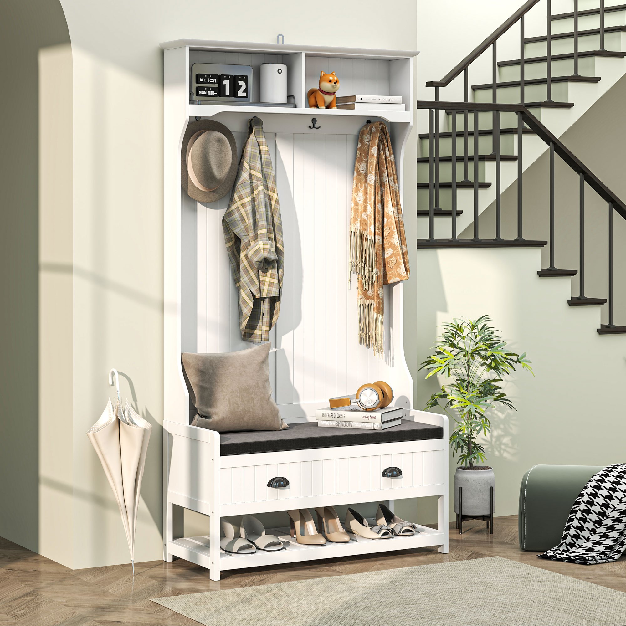 Image of 2-in-1 Wardrobe Stand, Coat Stand With 4 Hooks, Wardrobe With Shoe Bench And Shelves, Jacket Stand With Drawer, For Entrance, Hallway, Bedroom, White+gray