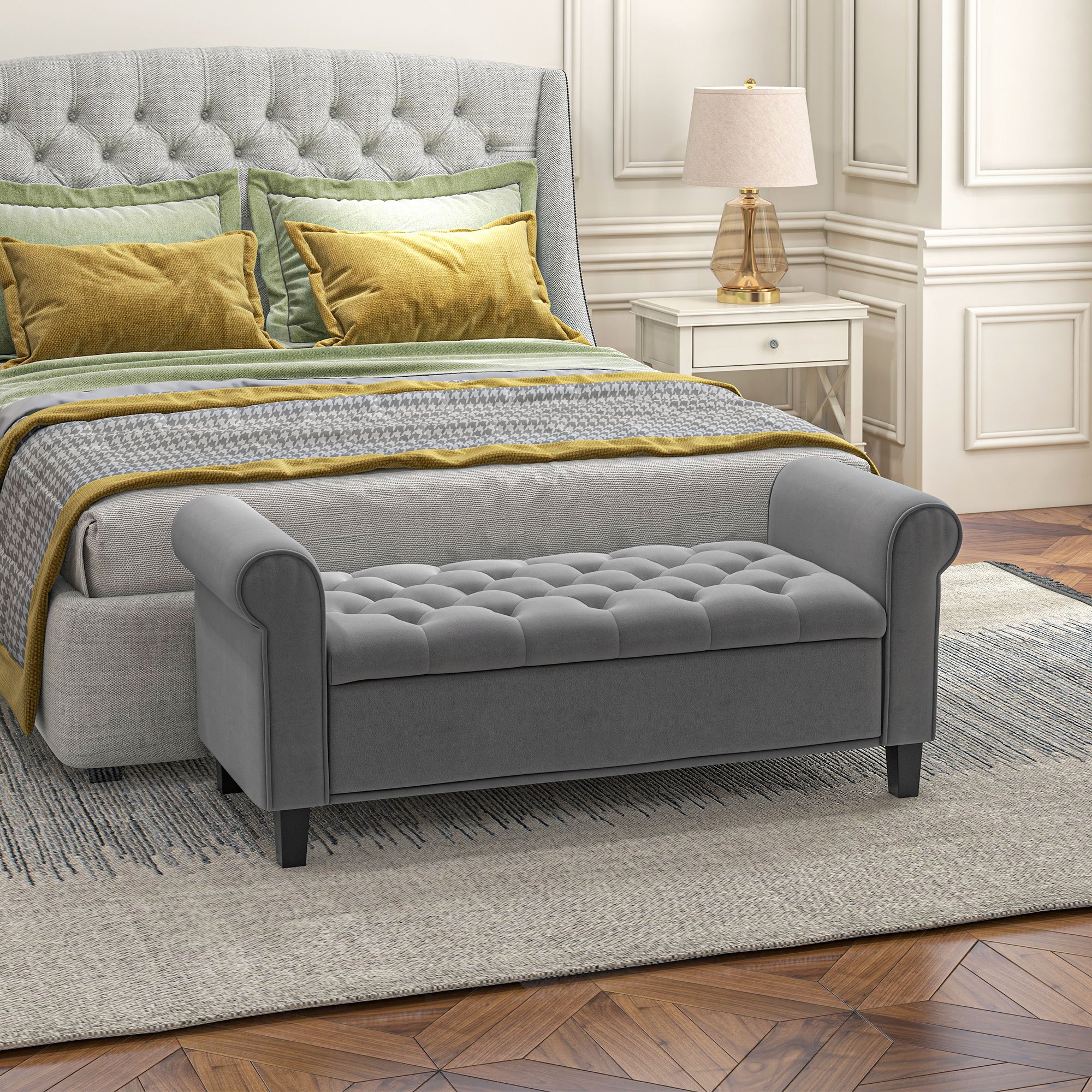 Image of Ottoman With Storage Upholstered Bench With Velvet Upholstery, Armchair Bench With Wooden Legs, Shoe Bench For Bedroom, Living Room, Hallway 126 X 48.5 X 57 Cm Grey