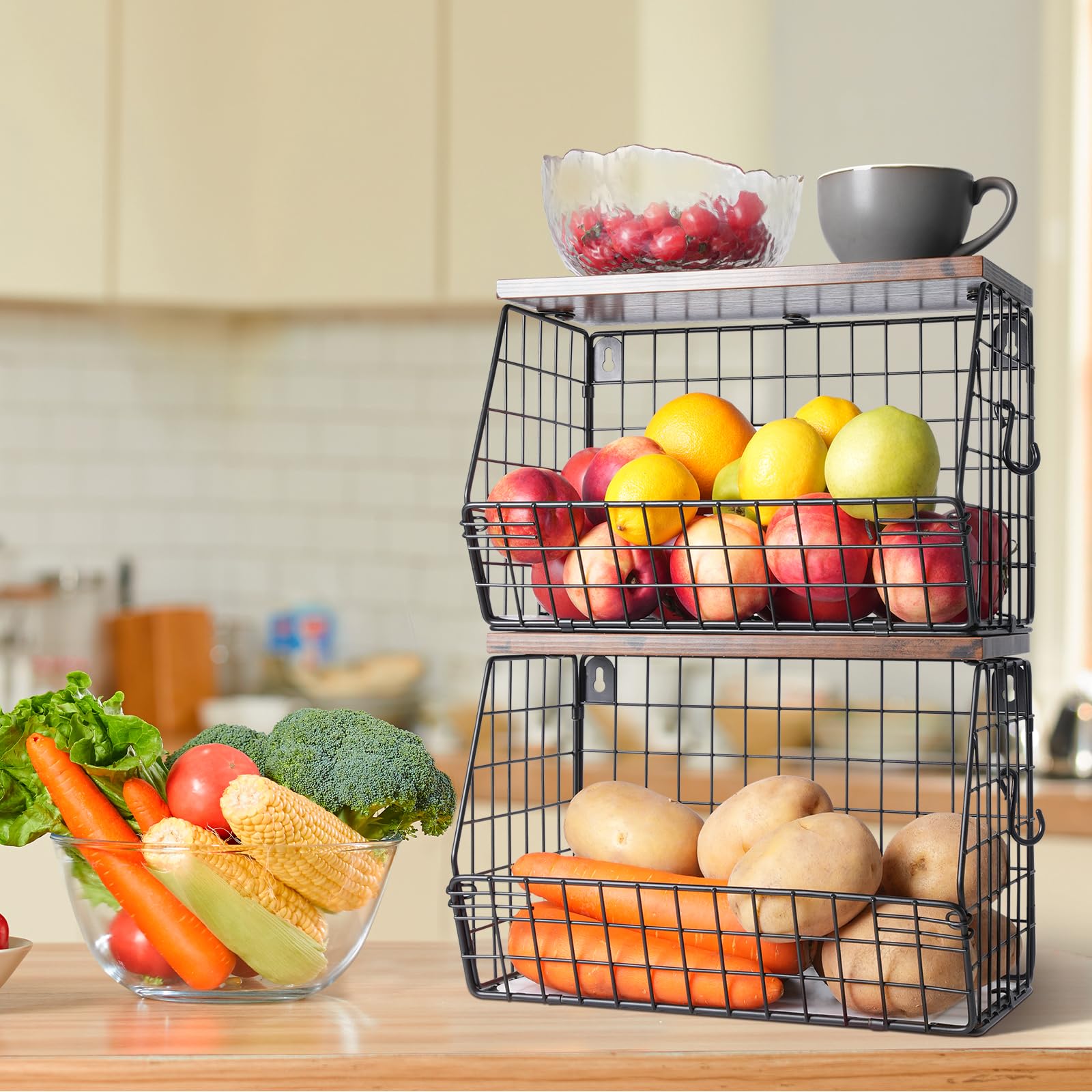 2-Tier Stackable Kitchen Storage Rack with Wooden Boards