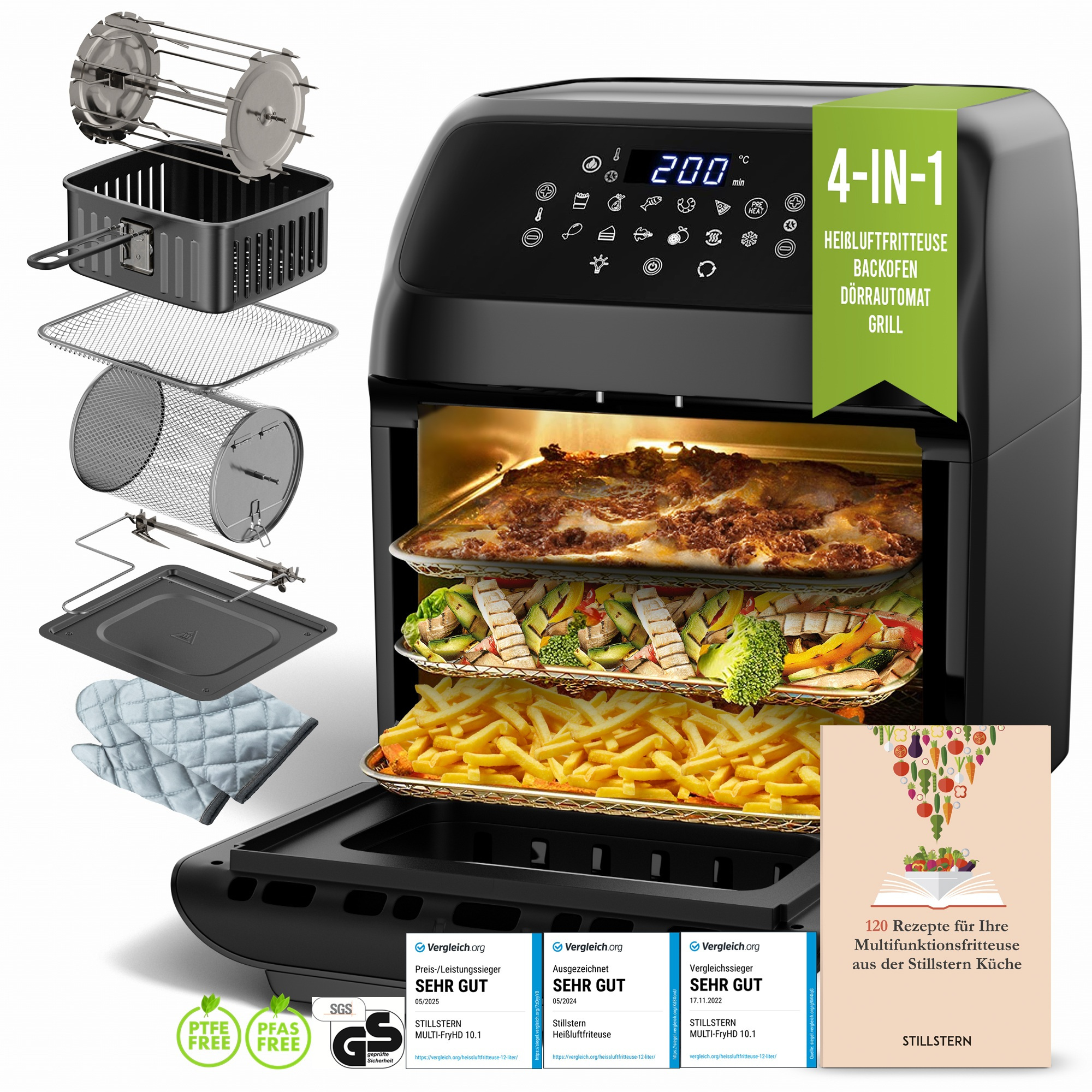 Image of Silent Heat Air Fryer Xxl 12l With Led Touchscreen, Recipe Book In German, 12 Programs, Preheating & Keeping Warm, 1800w Hot Air Fryer Xxl Without Oil Drying Mini Oven Camping Grill