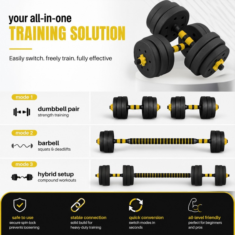 20KG Adjustable Dumbbell Set 3-in-1 Weight Set with Connector Bar