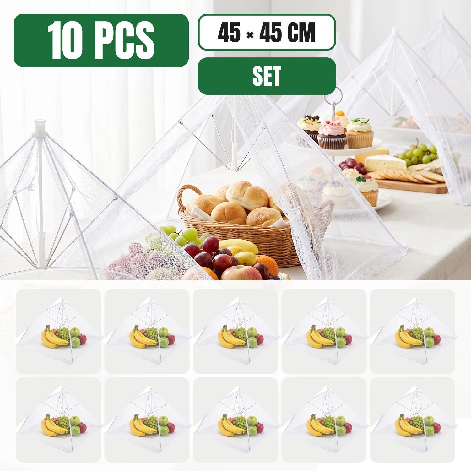 Image of Set Of Pop-up Mesh Food Covers, Foldable Fly Screen Food Tents, Reusable Washable Insect Net Domes For Outdoor Picnic, Party, Buffet, Bbq & Family Table, Collapsible White Lace Food Protectors, 45 X