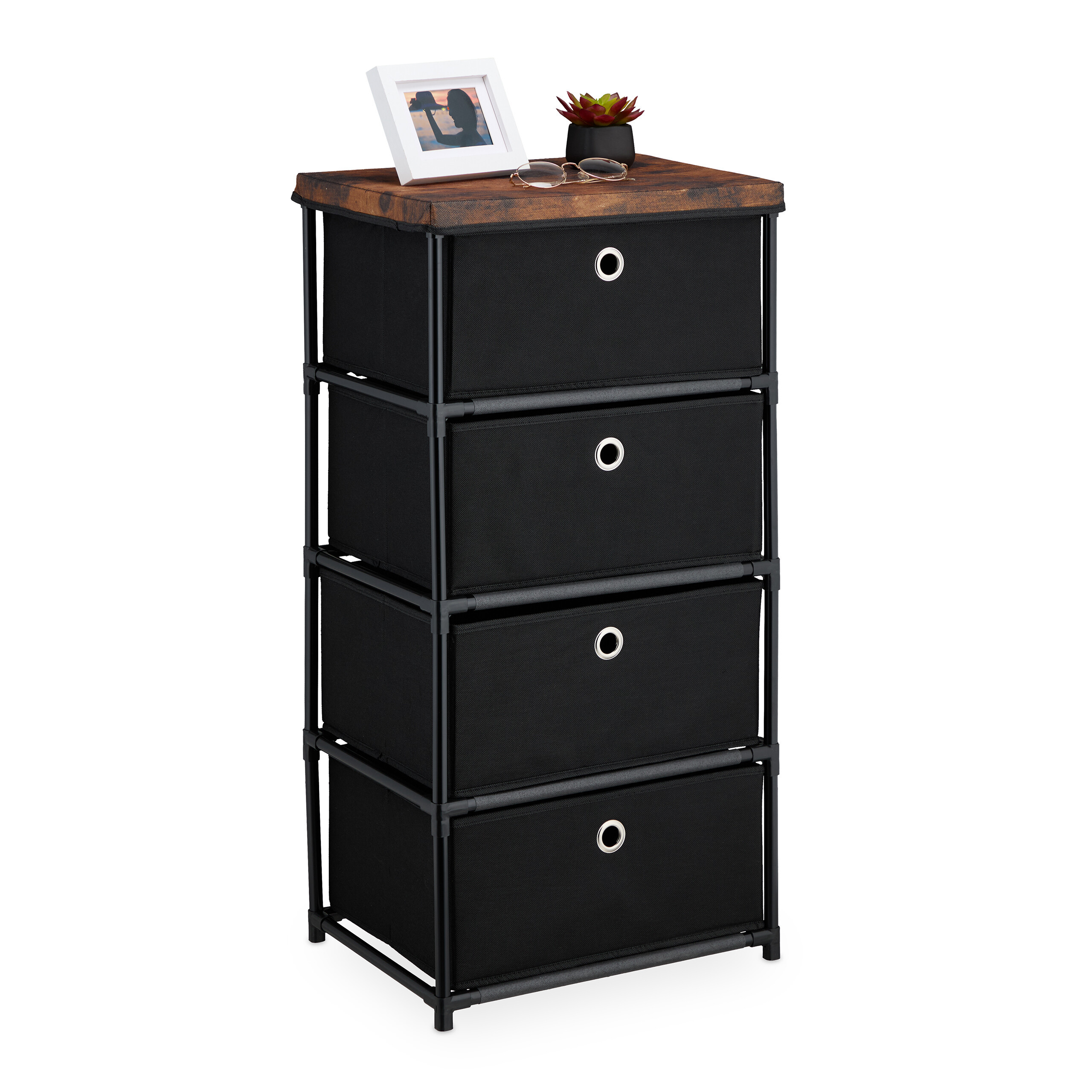 TEMU Dresser With 4 Fabric Drawers, 85 X 33 Cm, Black Metal Frame, Wooden-look Shelf, Made Of Steel, Pp, Fleece, And Cardboard, For Living Room,