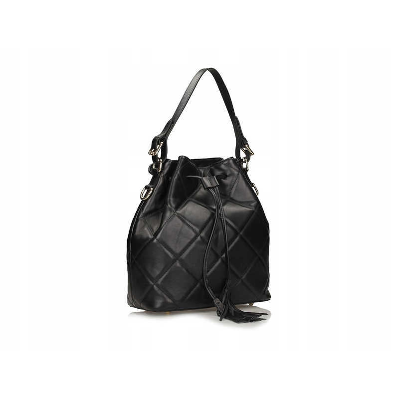 Quilted Leather Drawstring Bucket Bag - Black, Women's, Genuine Leather, 28cm Height, 25cm Width, 12cm Depth, Shoulder Strap, Elegant Style
