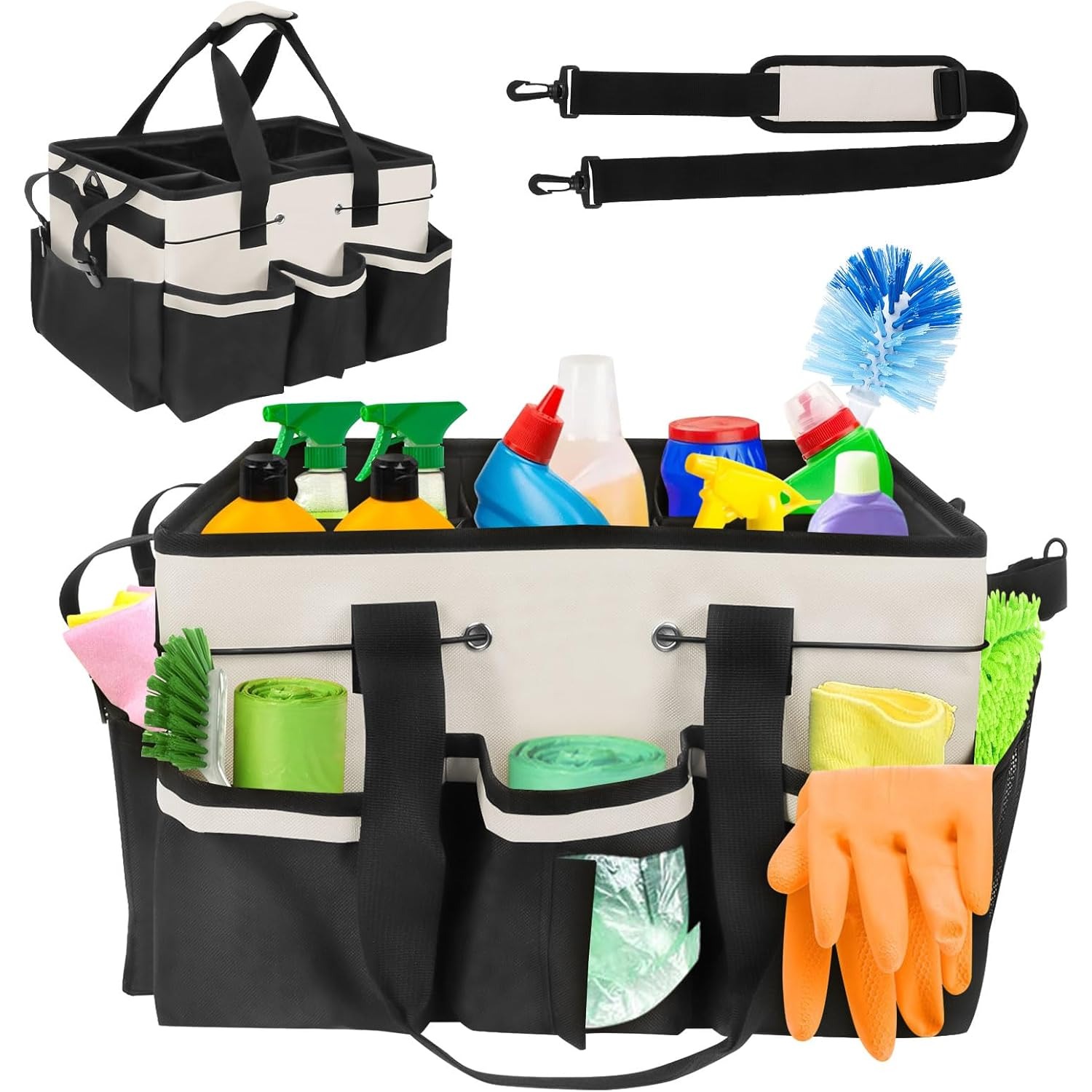 TEMU Cleaning Caddy With Handle, 900d Oxford Foldable Cleaning Bag Large Capacity Cleaning Basket With 5 Internal Pockets, Cleaning Caddy Organiser