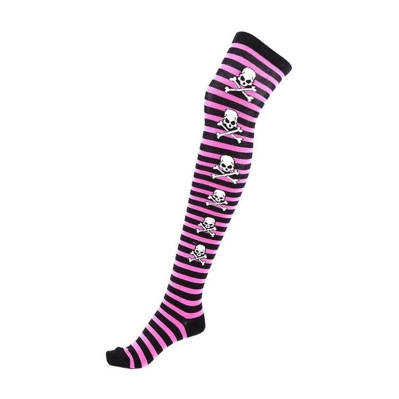Image of Over-the-knee Socks Pink/black Striped With Skulls Knee-high Stockings