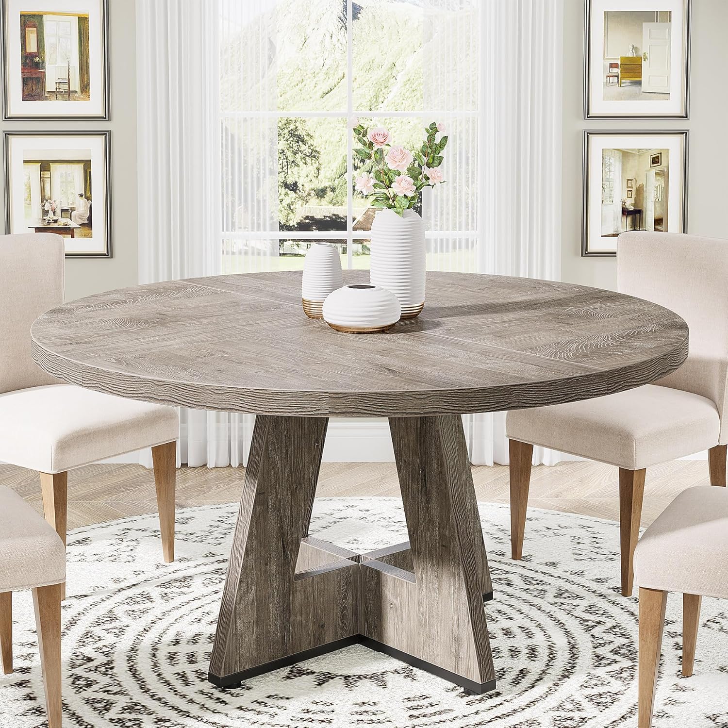 E-shop Runder Holz-Esstisch im Landhausstil, Moderner Küchentisch für Esszimmer, Wohnzimmer, 120 cm Esstisch für 4 Personen, Vintage Esstisch mit