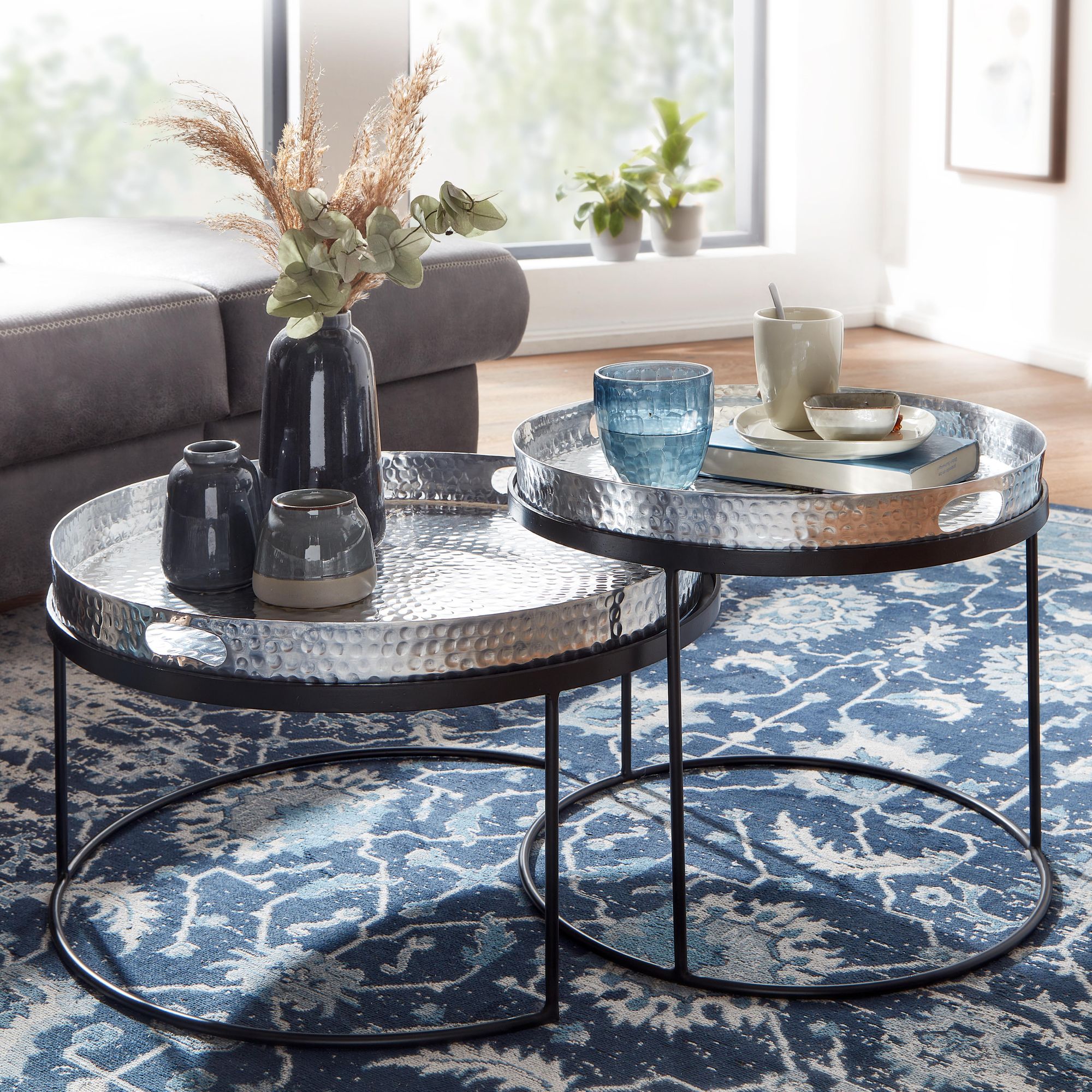 Image of Coffee Table 2pcs Set Metal Round, Sofa Table Removable Tray, 2-part Modern Sofa Table, Round Side Table