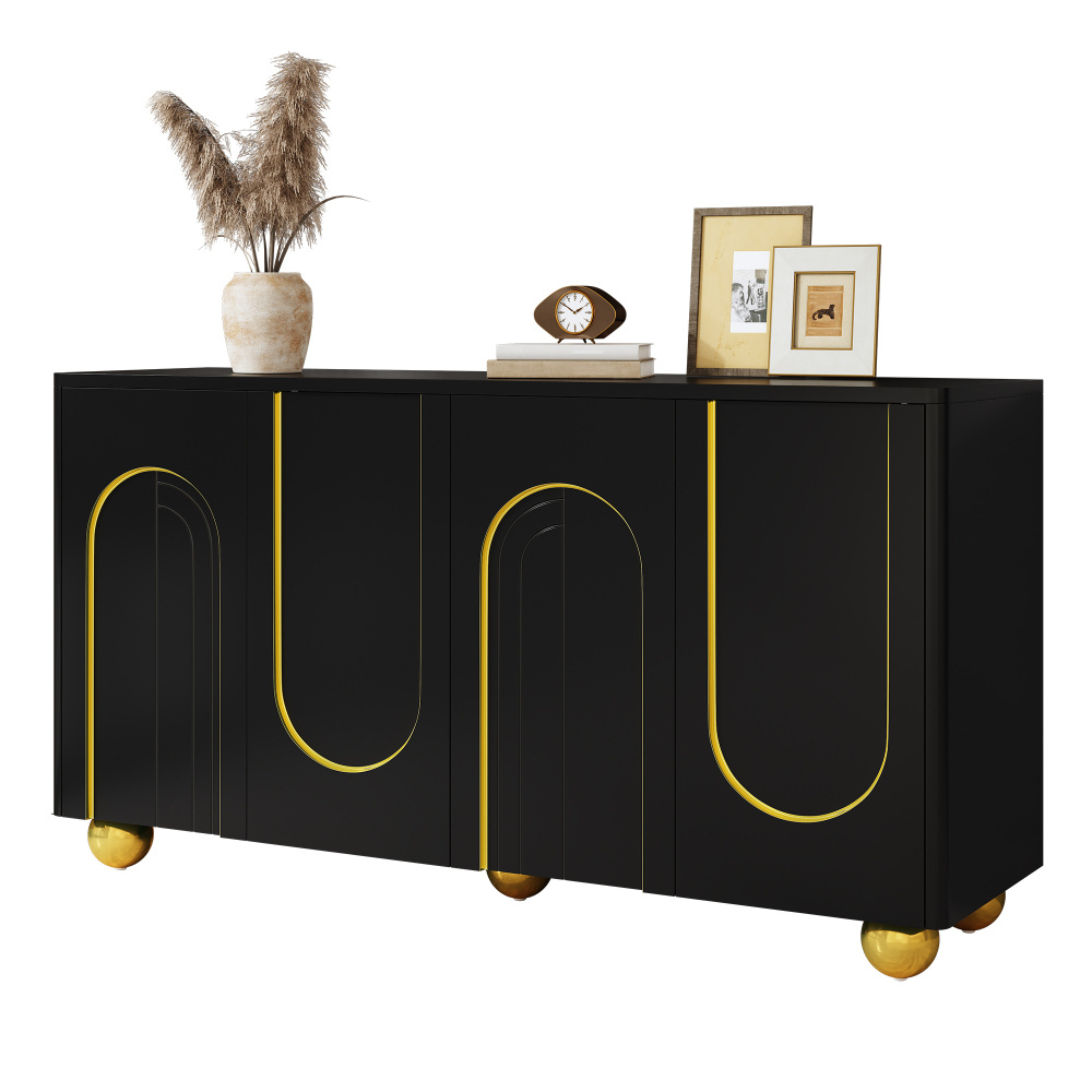Image of Living Room Cabinet, Four-door Sideboard, Dining Room Storage Cabinet With Arch- Decor, With Spherical Metal Feet For Hallway And Living Room.