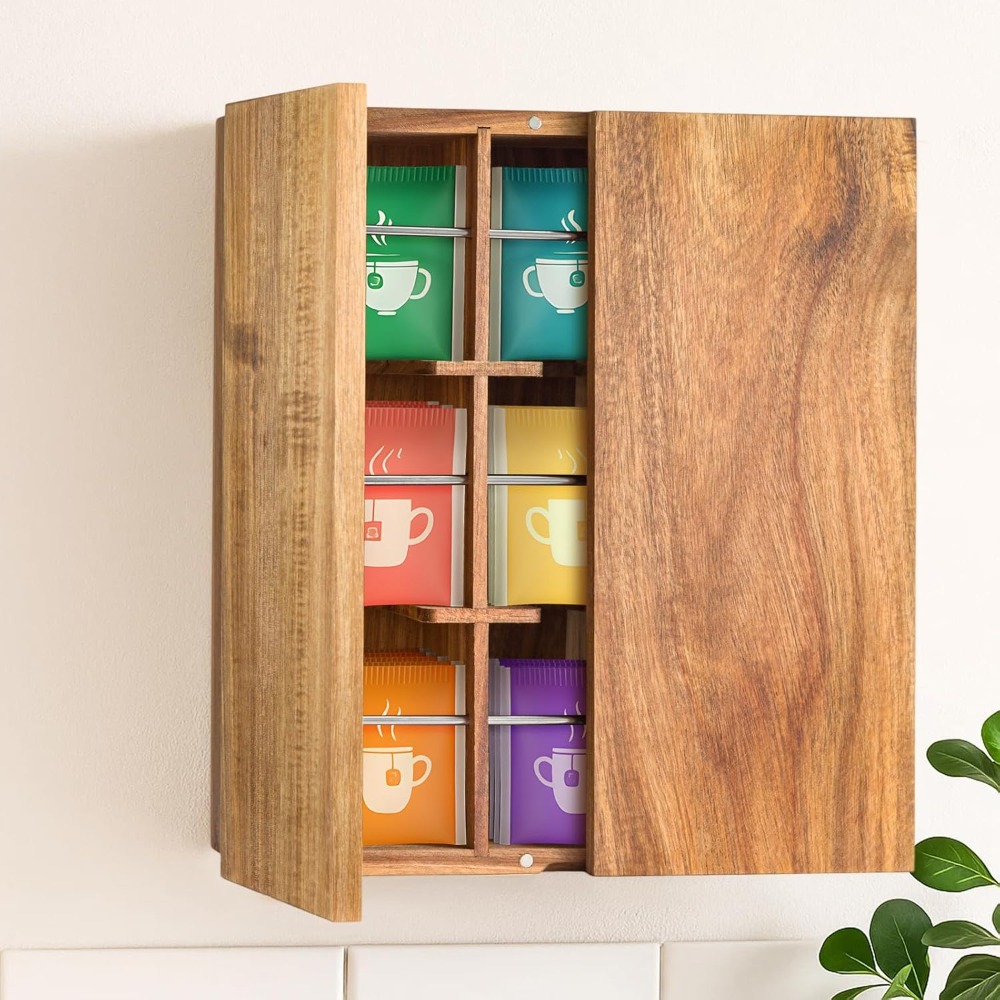 Image of Tea Bag And Coffee Pod Storage Organizer, 9-compartment Wooden Box With Lid, Ideal For Countertop Organization