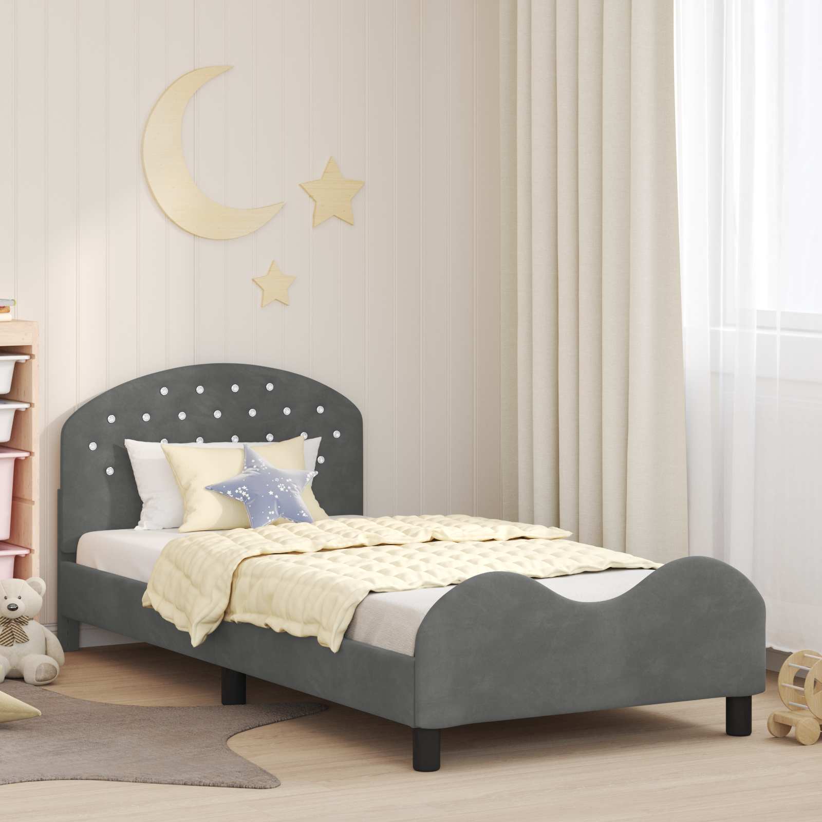 Vidaxl Children's Bed Frame With Headboard Dark Grey 90 X 200 Cm Velvet, Modern Bedroom, Rectangular Bed, Stable Wooden Frame, Stylish For
