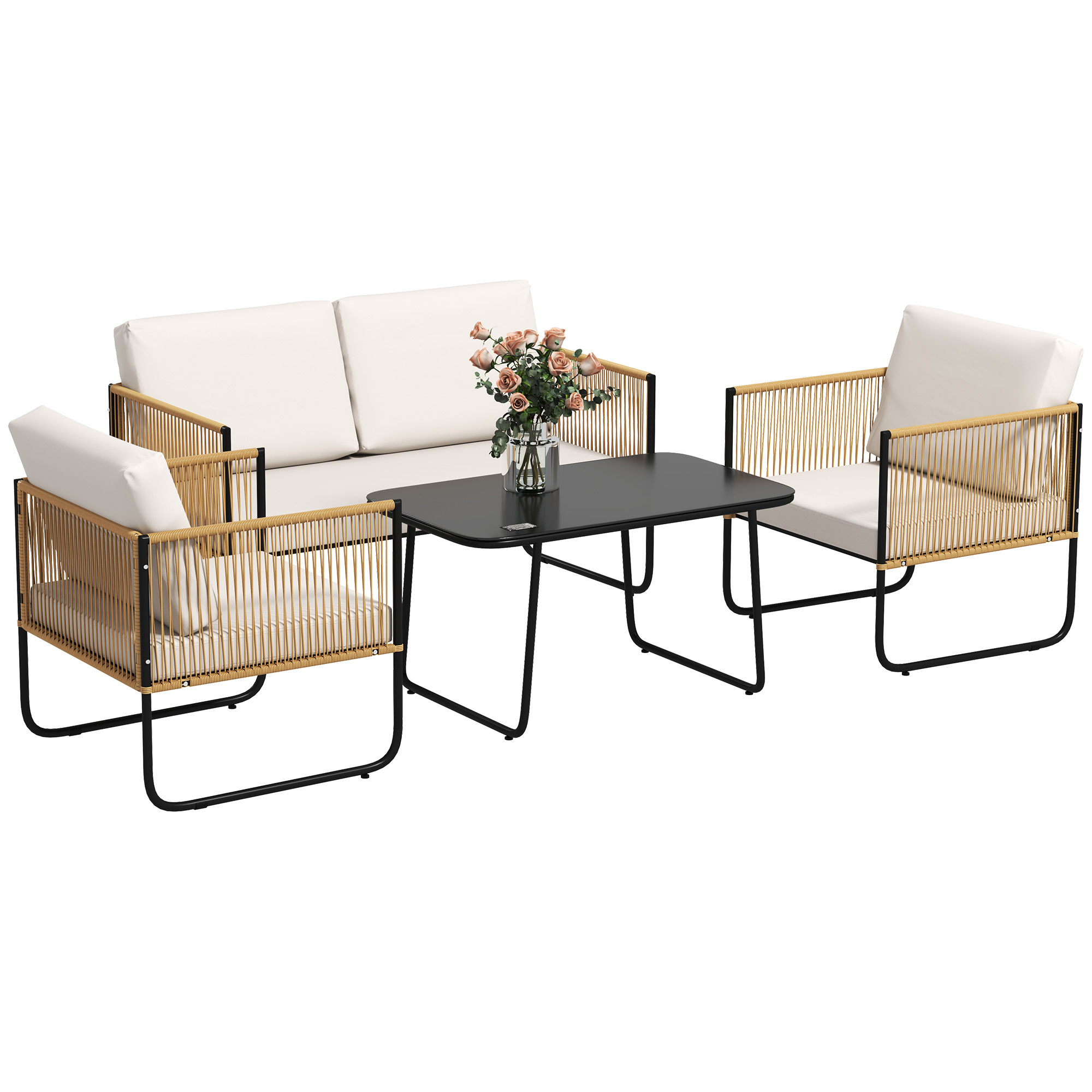 Image of Outsunny 4-person Outdoor Garden Lounge Set, Balcony Furniture With 2-seater Sofa, Armchairs, And Tempered Glass Coffee Table, Removable Cushions Included, Load Capacity 120-240kg, Cream