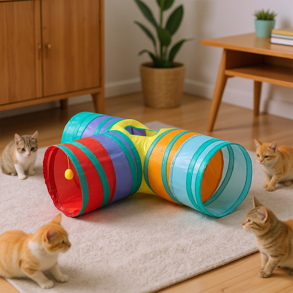 T-Shape Cat Tunnel with Hole and Hanging Ball
