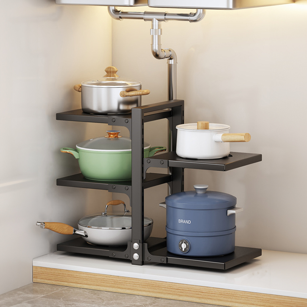 TEMU Black Double-sided 3-layer+2-layer Bottom Pot Rack/double-sided 3-layer+4-layer Bottom Pot Rack, Fruit And Vegetable Seasoning Shelf, Flat