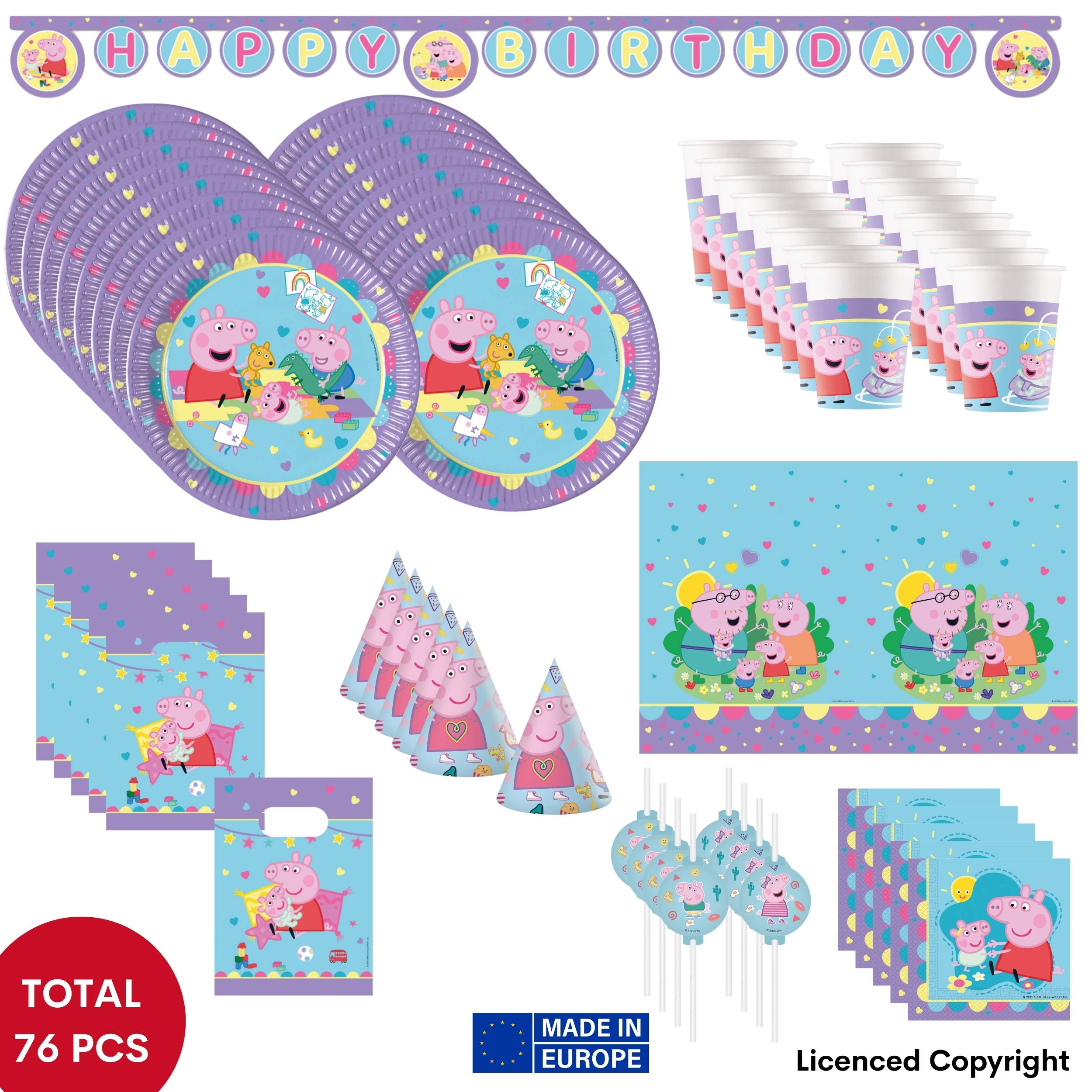 TEMU 76-tlg Peppa Pig Love Kindergeburtstag Party Deko Set - 16 Teller, 16 Becher, 20 Servietten, 1 Tischdecke, 8 Papier-Partytüten, 1 Happy Birthday