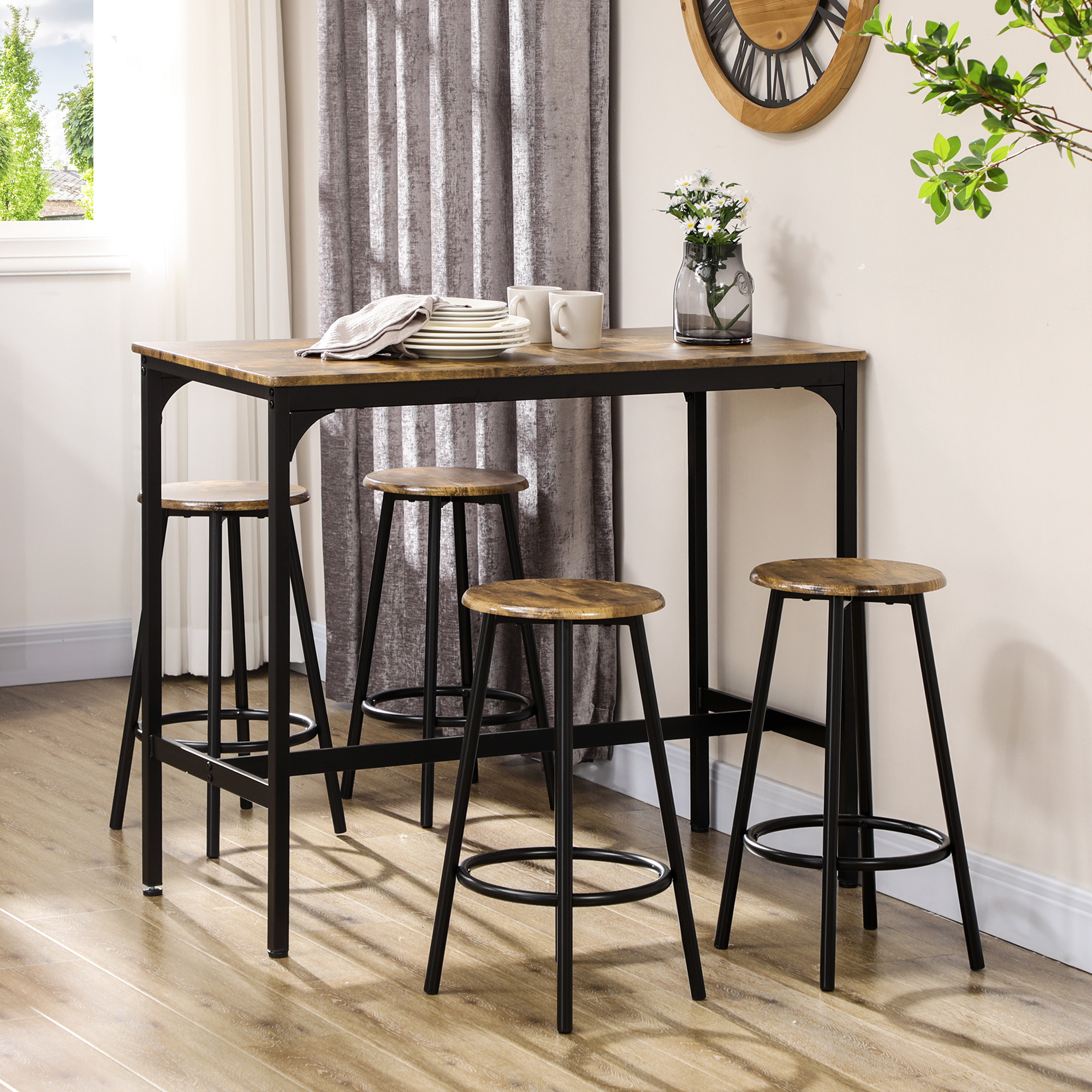 Bar Table Set Bar Table With Bar Stool Set Dining Table With 4 Bar Stools Kitchen Table For Dining Room, Kitchen, Rustic Brown