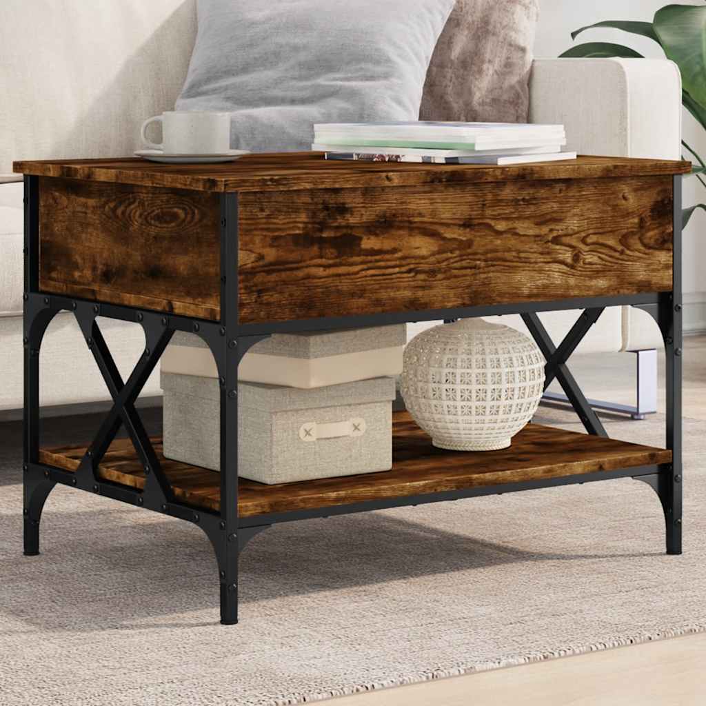 Vidaxl Coffee Table, Side Table With Adjustable Legs, Living Room Table With Storage Space, Sofa Table, Height-adjustable Coffee Table, Smoked Oak Wood Material, Metal