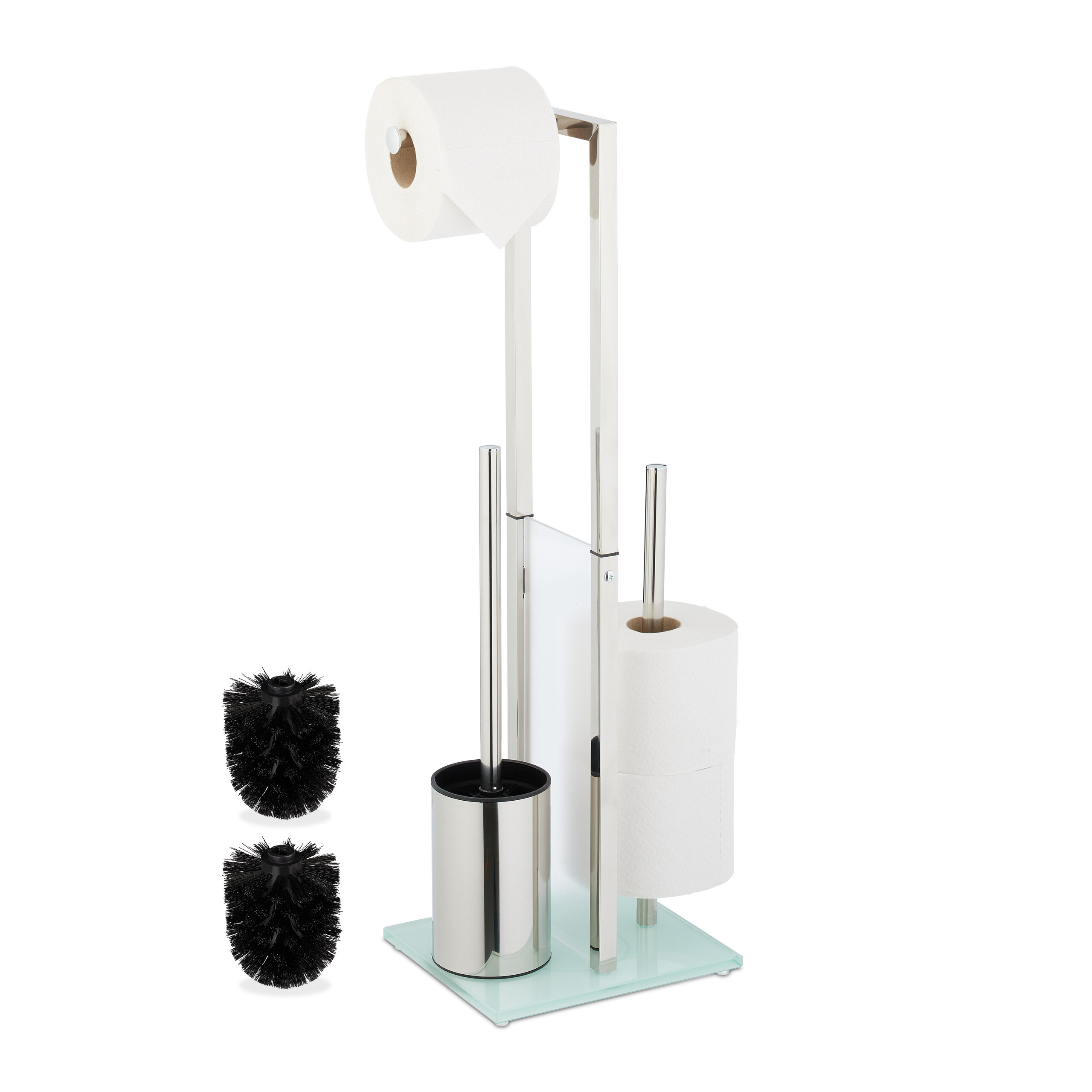 TEMU Self-supporting Toilet Brush, Stainless Steel, Iron, Glass And Acrylic, Silvery, Transparent And Black, 64.5 X 24 X 18 Cm, With Scoop, Support