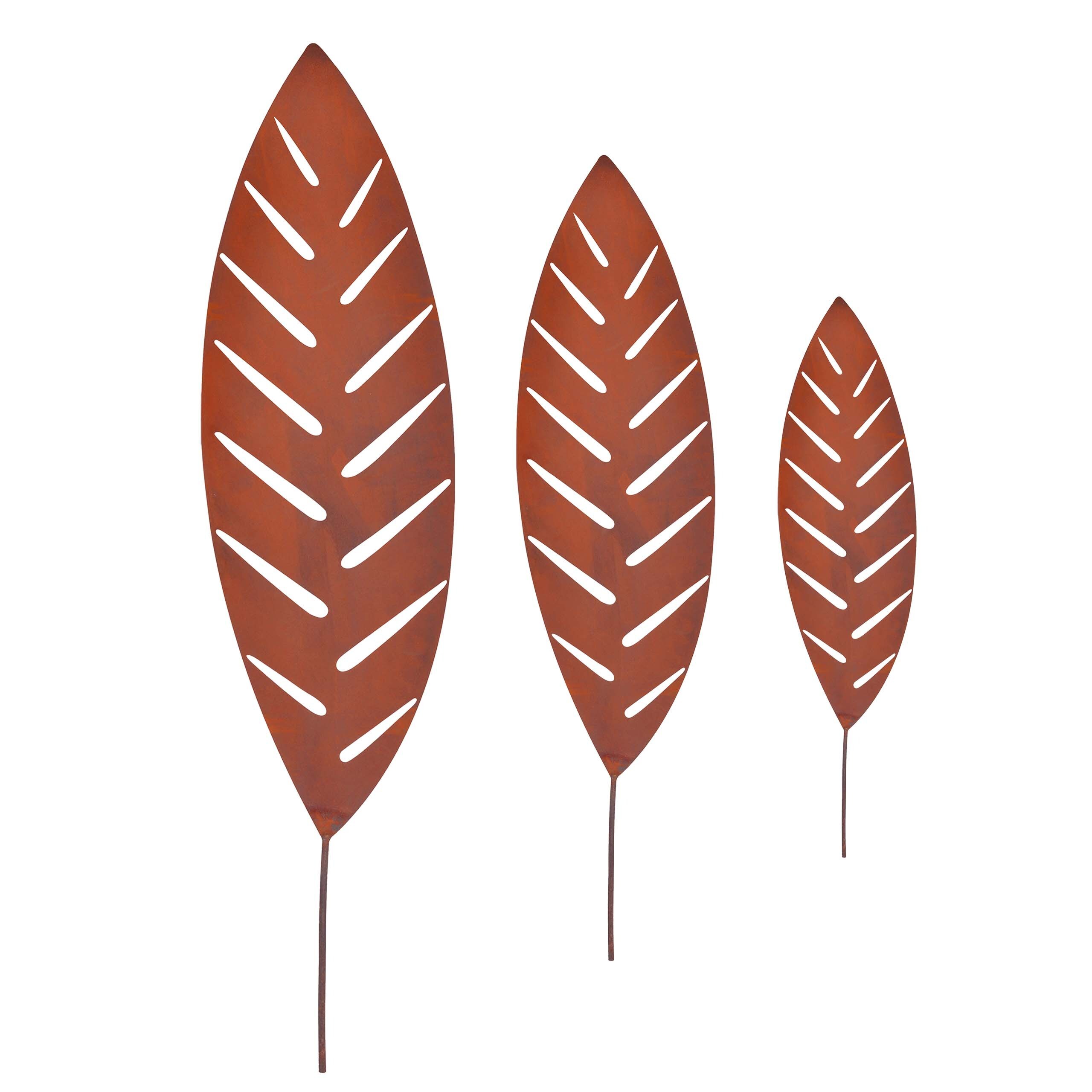 TEMU Garden Stake Palm Leaf, 3pcs Set, Rust , Steel, Brown, 50-100 Cm High, Overall Height Spike 70-117.5 Cm, Weather-resistant, For Flower Bed, Lawn