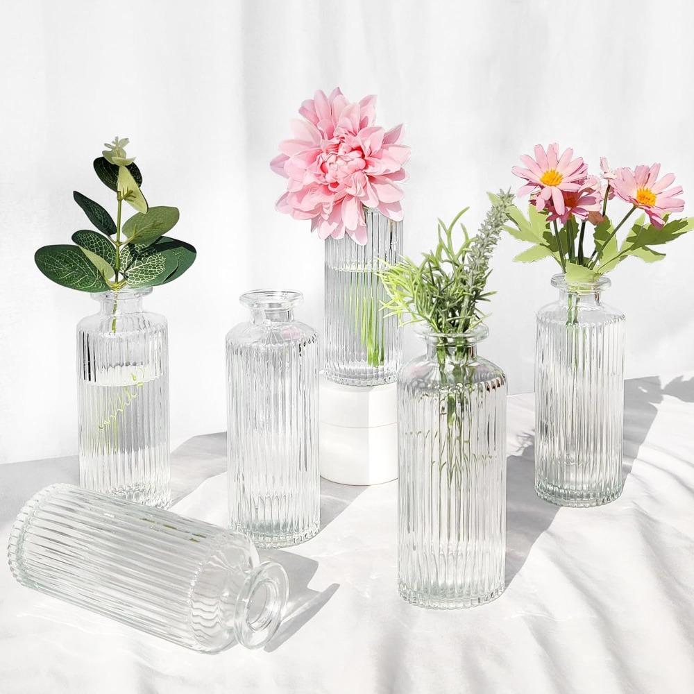 Image of Glass Bud Vases Set Of 6 Small Diamond Bud Vases In Bulk Mini Clear Flower Vases For Centerpiece Vintage Bottle For Wedding Reception Table Decor Home Party Decorations