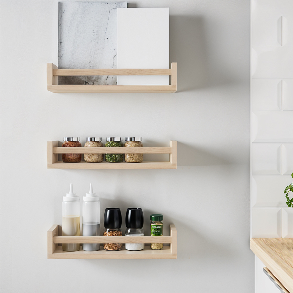 TEMU 3pcs Wood Floating Shelf Set - 16.5 Inch Wall Mounted Storage Racks Wall Shelf, Spice Rack, Book Holder, Storage Stand Unit Organizer For