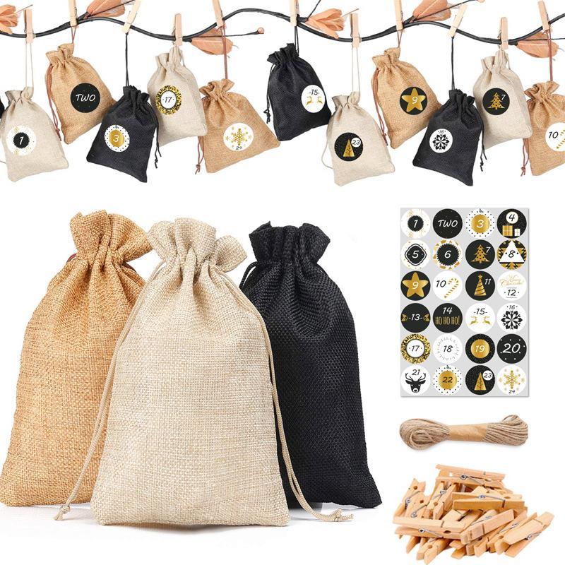 Image of Diy Advent Calendar Kit With Fabric Bags, Jute Pouches (24 Pcs), String, Stickers, And Clips – Complete Set