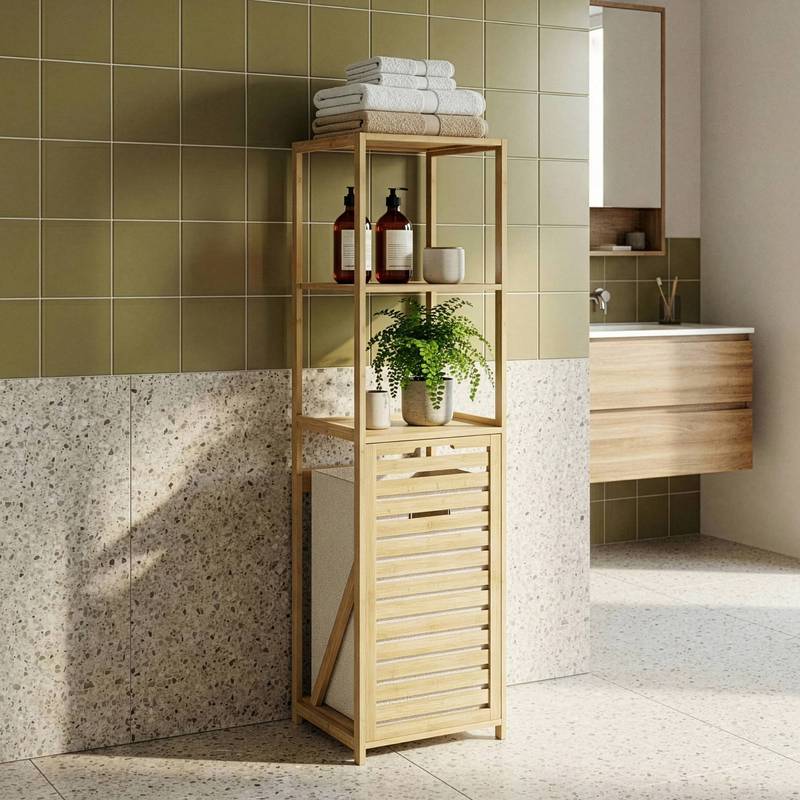 TEMU Étagère de salle de bain avec panier à linge 130 x 36 x 33 cm, 2 compartiments de rangement , panier à linge 43,5 L, bambou, ton bois