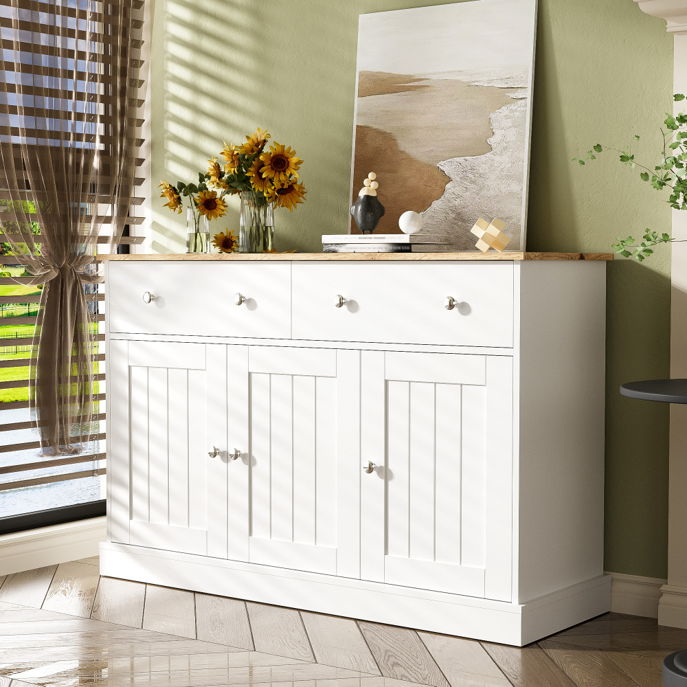 Image of White & Wood Colors Sideboard | Embossed Surface | Modern Elegant Design