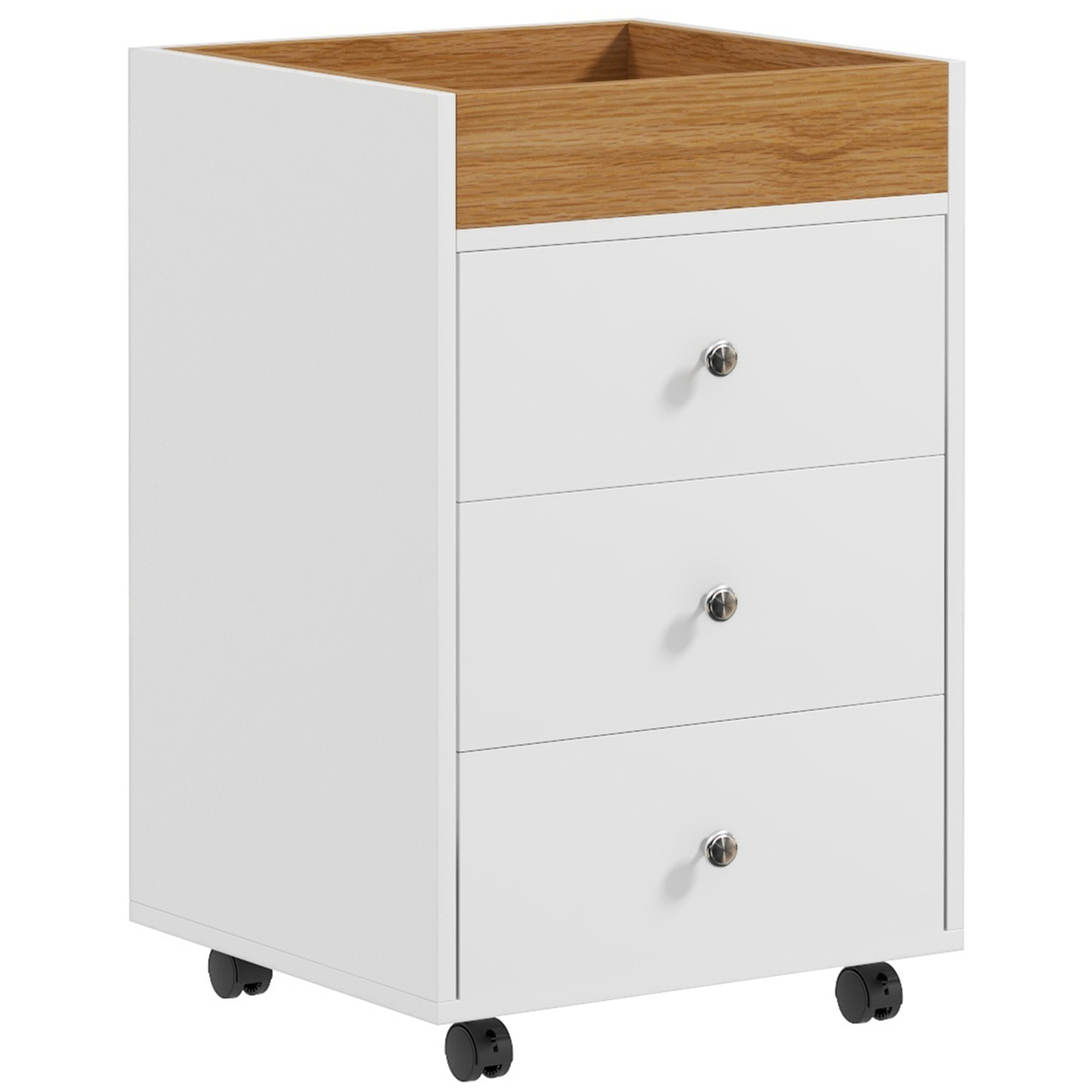 Image of Homcom Office Storage Cabinet With 4 Wheels, 3 Drawers And 1 Removable Tray, Load 30 Kg For Study Living Room 43x40x66.5 Cm White And Natural
