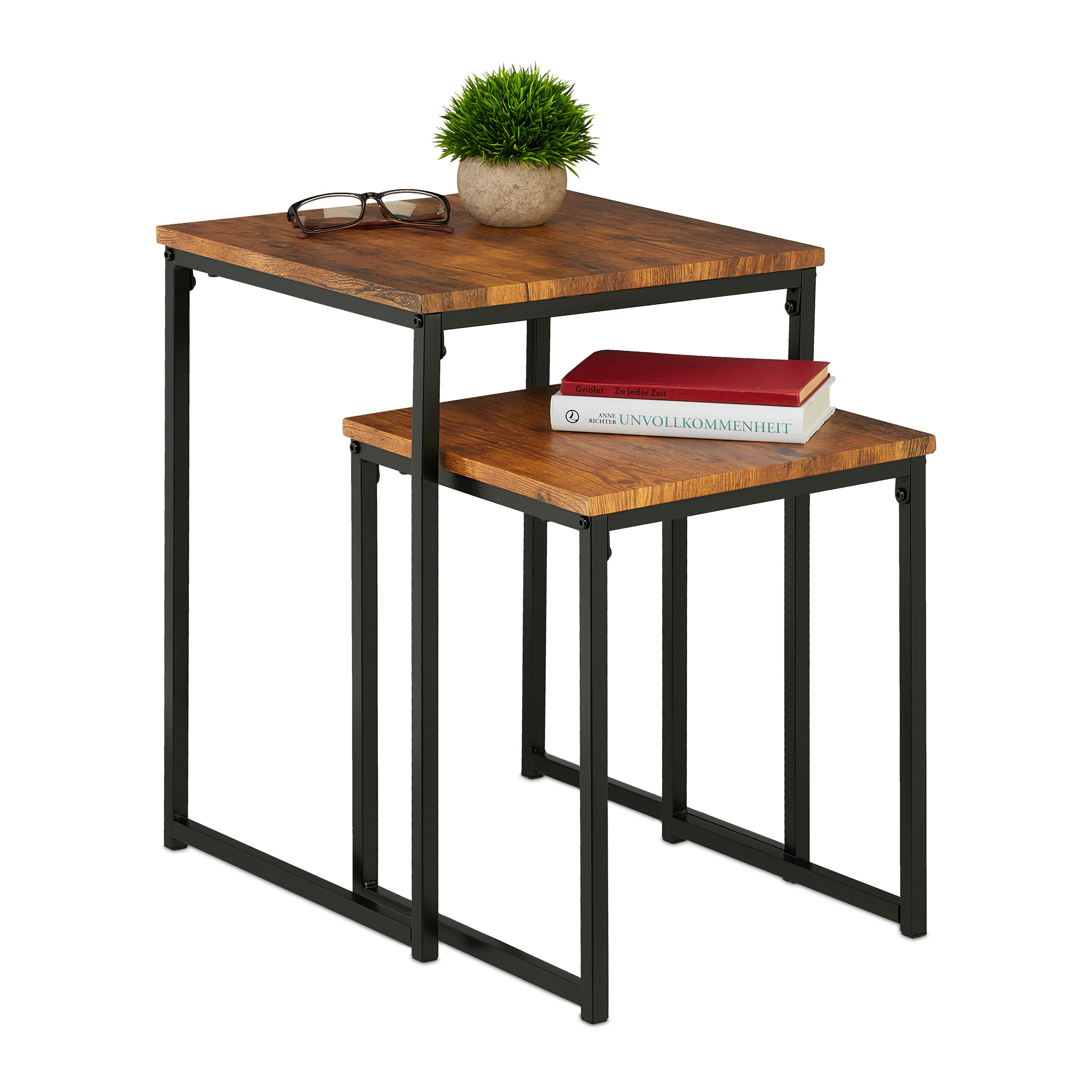 TEMU Mesas auxiliares apilables, pack de 2, cuadradas, 42 x 34 x y 54 x 40 x 40 cm, hierro MDF PVC, marrón/negro, estructura metálica, para salón,