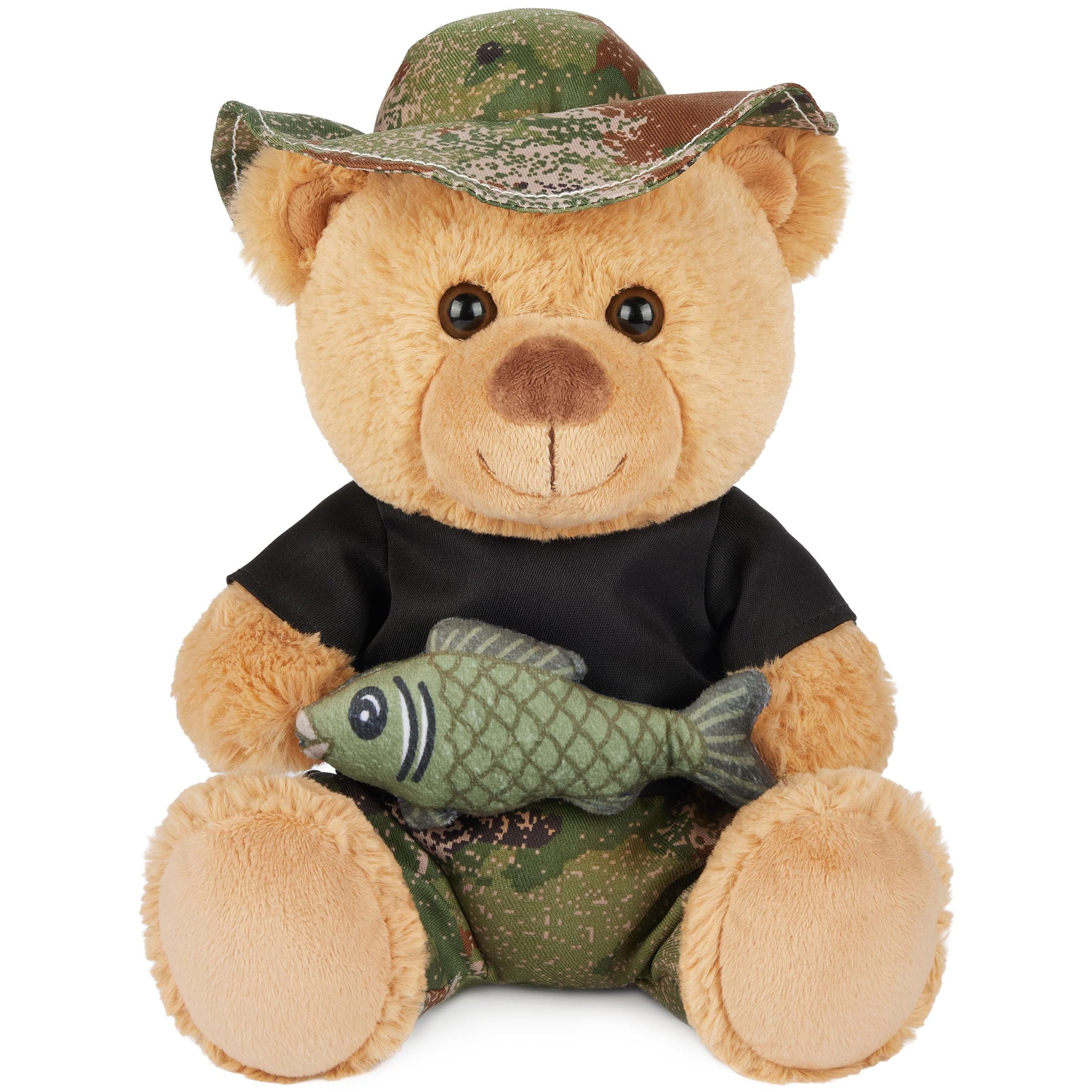 Image of Brubaker Teddy Bear Angler With Fish And Fishing Hat - 25 Cm Teddy Plush Toy - Stuffed Animal Gift For And Outdoor Fans - Plush Bear Charm For Fishing Enthusiasts - Light Brown Camouflage