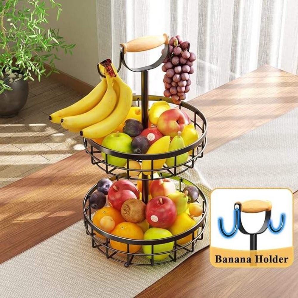 TEMU 1pc Round Kitchen Baskets, 2 Tiers Metal Fruit Storage Basket With Wooden Handle, Suitable For Fruits, Vegetables, Candies, Snacks And Spices -