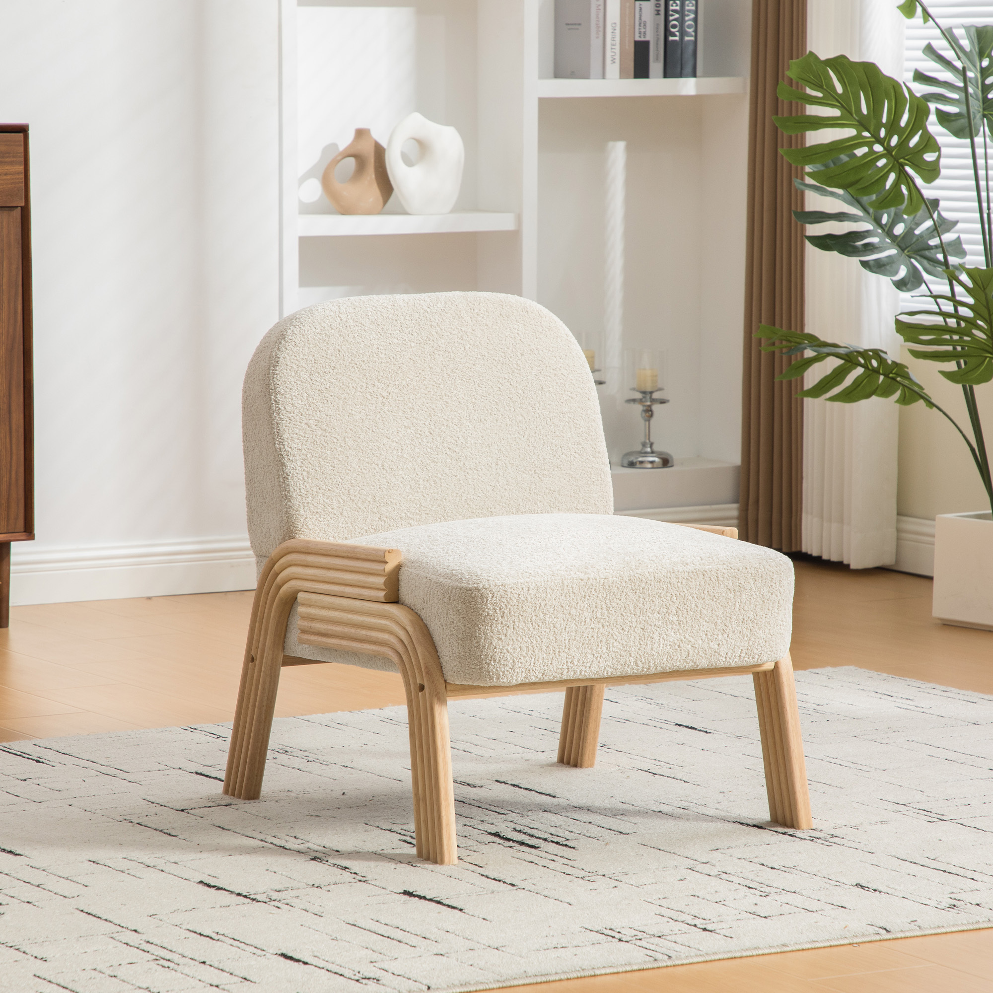 Image of Scandinavian Chair - Soft Chenille Fabric And Stable Wooden Frame, Ideal For Living Room & Bedroom-ivory