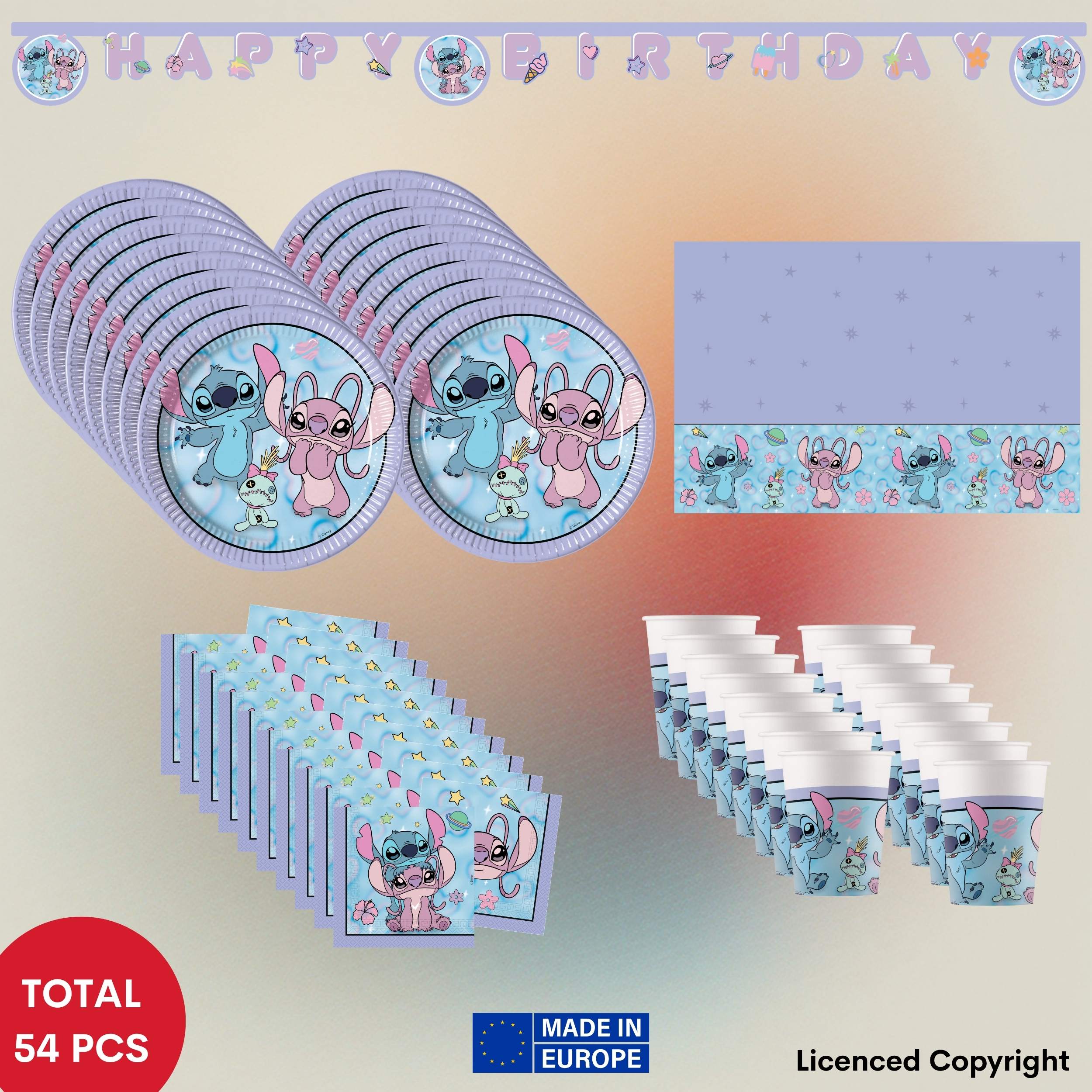 54pc And Stitch Kids' Birthday Party Decoration Set - 16 Plates, 16 Cups, 20 Napkins, 1 Tablecloth, 1 Happy Birthday Banner. Perfect For Themed Parties & Kids' Birthdays!