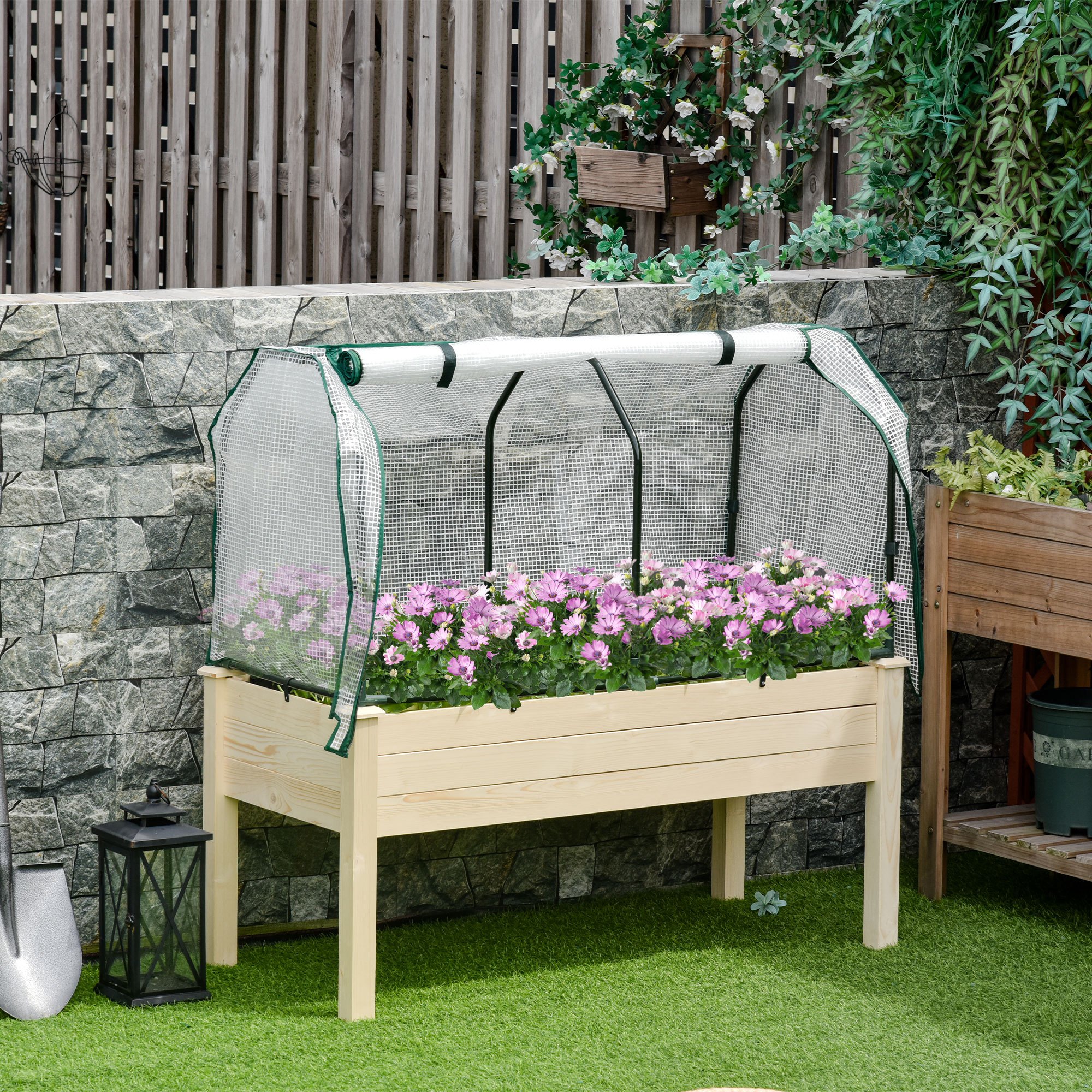 Outsunny Raised Bed Cold Frame With Greenhouse, Vegetable Bed With Fabric Lining, Bed With , Flower Box For Garden, Balcony, Fir Wood, Natural 121 X 55 X 117cm