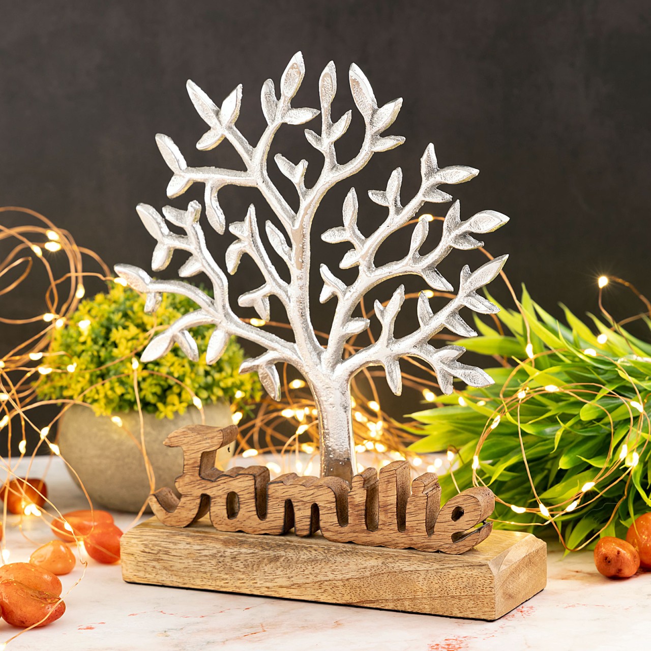 Tree Of Family Wooden Figure 20x27cm Decorative Statue Aluminum Mango Wood