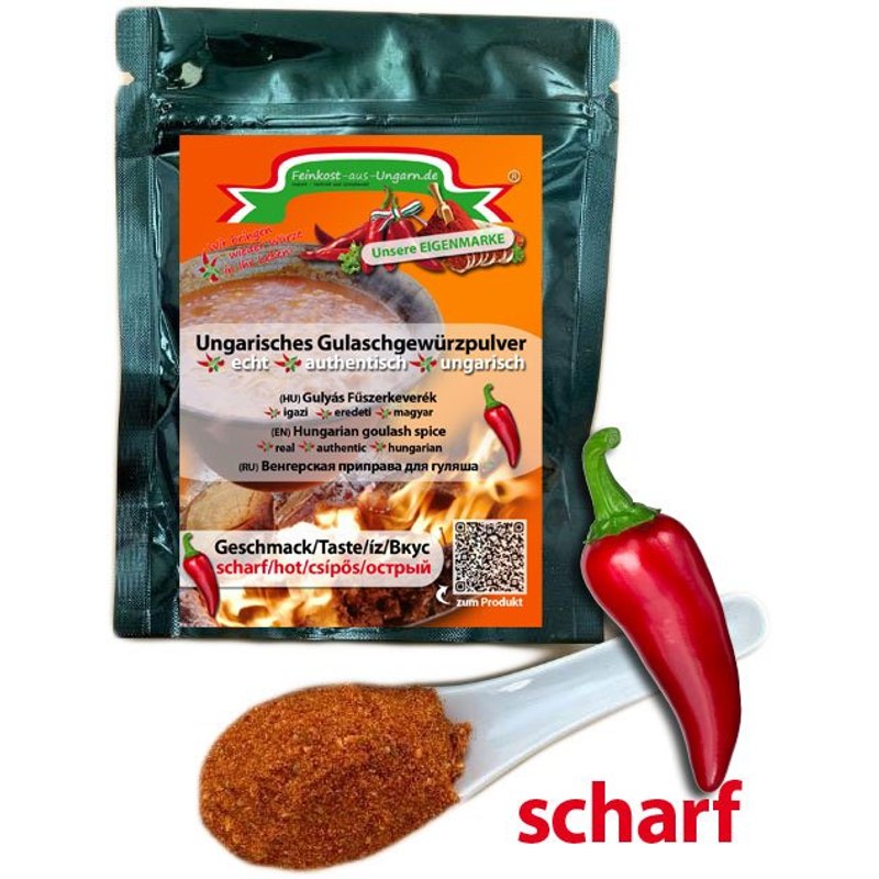 E-shop Ungarisches Gulaschgewürzpulver 75g SCHARF, Eigenmarke, Feinkost-aus-Ungarn.de, Gulyás fűszerkeverék