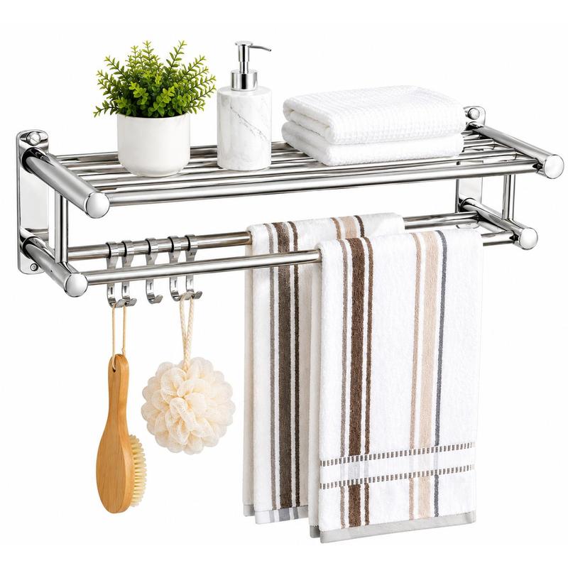 Image of Wall-mounted Bathroom Towel Holder With Shelf, Towel Rack, And Bathroom Shelves