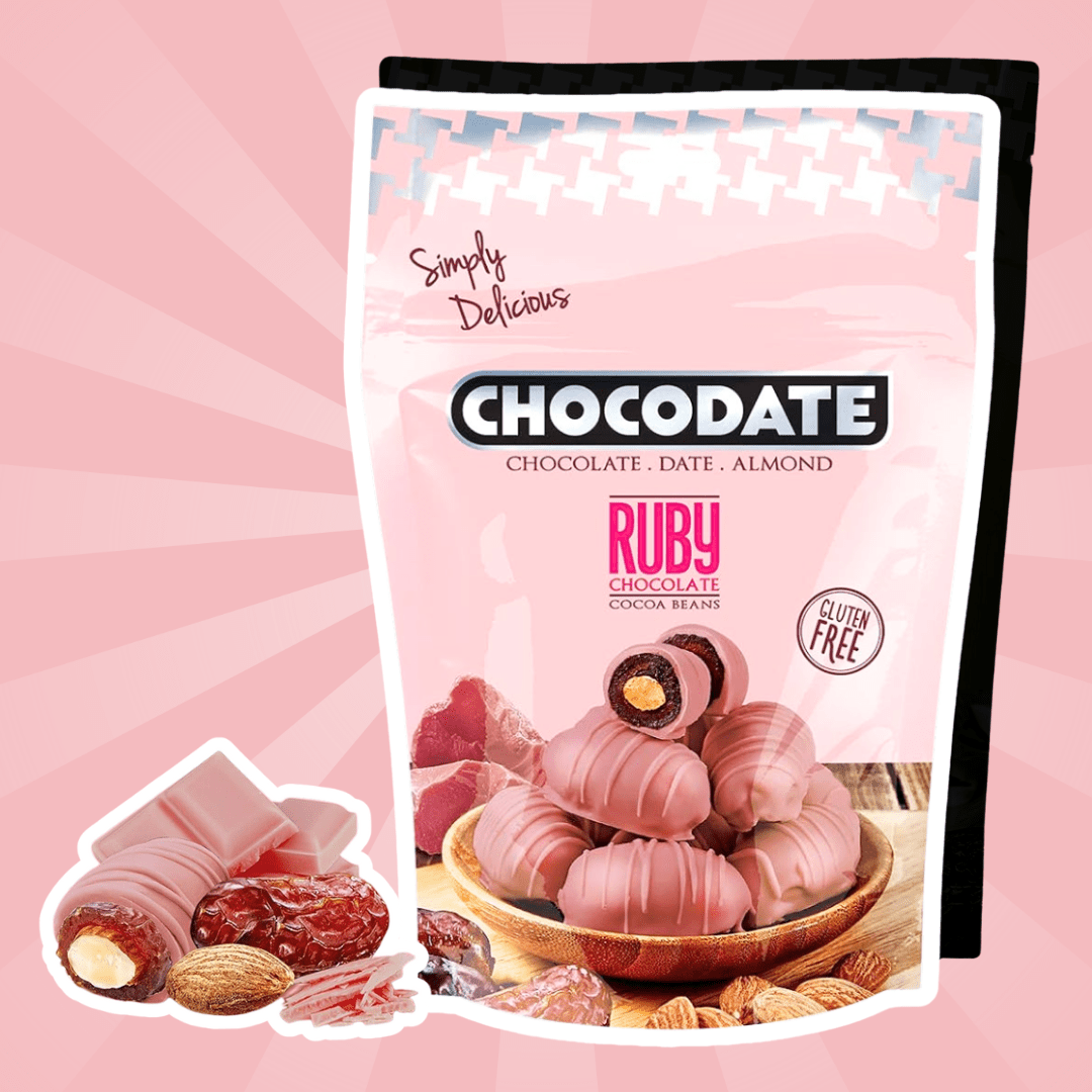 E-shop Chocodate Ruby – Datteln mit Ruby-Schokolade & Mandeln (90 g)