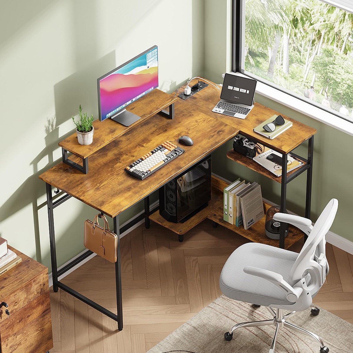 Image of Gaming With Rgb Led & Sockets, 122×80 Cm Desk With Monitor Stand And Hooks, With Shelf For Home Office & Small Spaces
