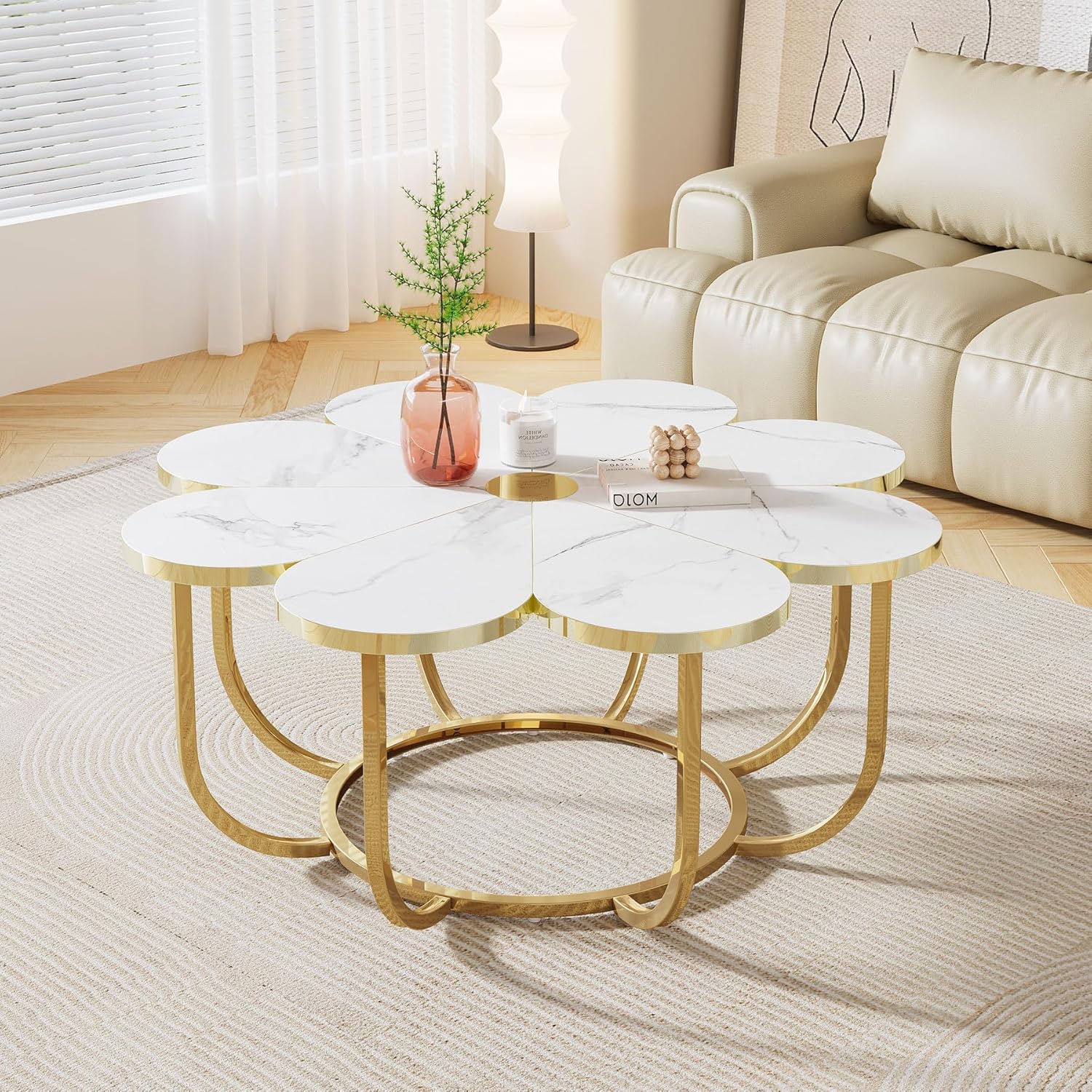 Image of White And Gold Coffee Table, Modern Coffee Table In Flower Shape With Faux Marble Tabletop, 100 Cm Large Floral Accent Center Table With Metal Frame For Living Room, Bedroom, Lounge