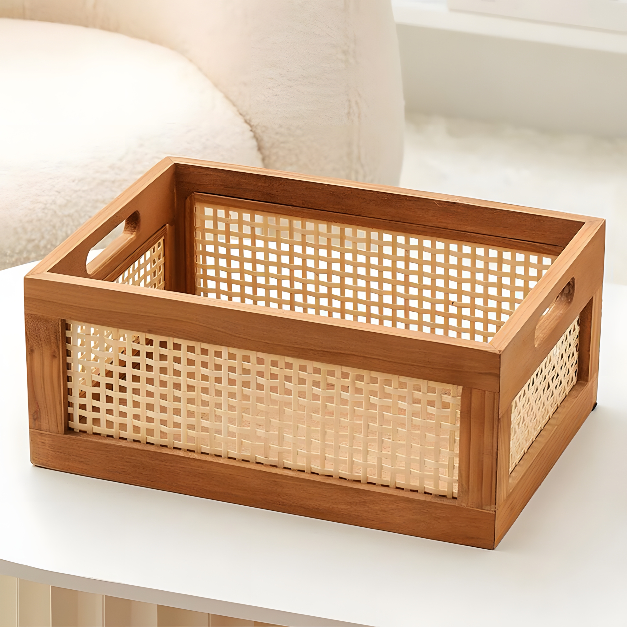 Boho Rattan Storage Basket for Desktop Organization