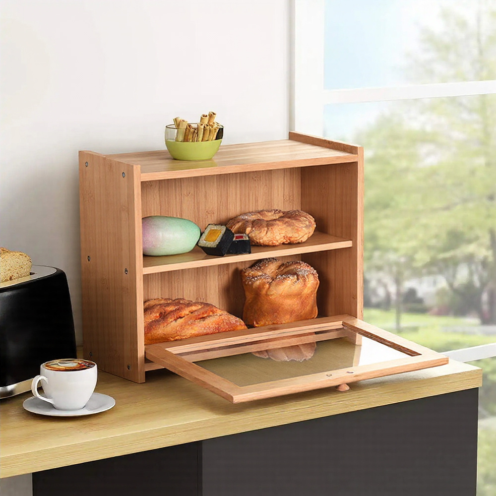 TEMU Double Layer Bamboo Bread Box With Clear Window, Large Capacity Bread Storage Bin, Kitchen Countertop Storage Box For Bread, Pastries & Baked