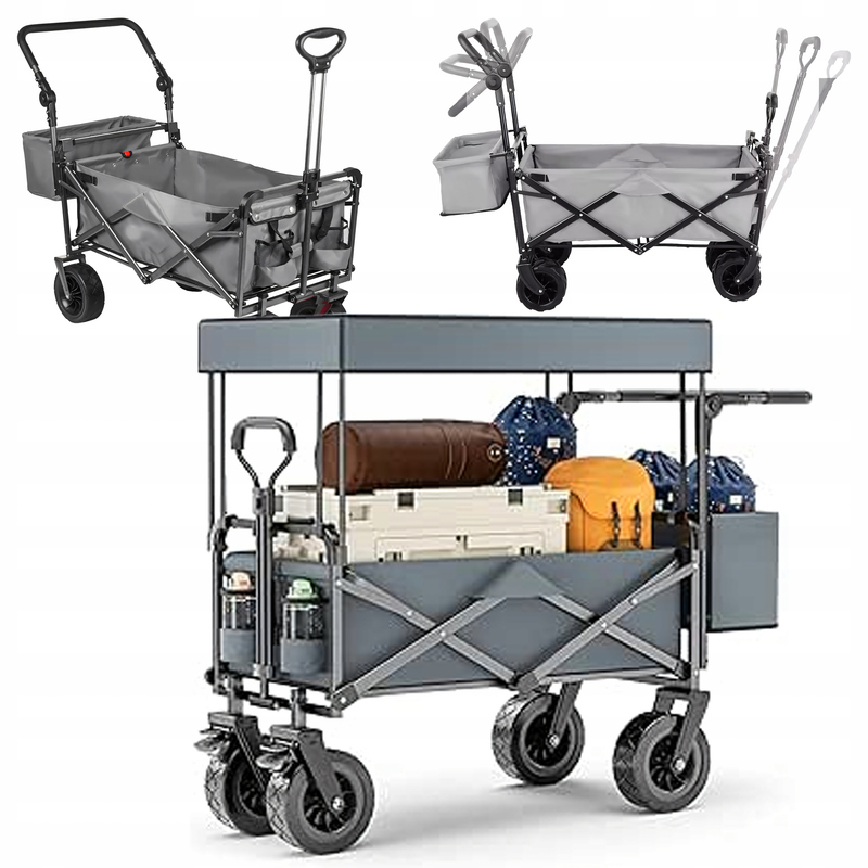 Image of Large Foldable Transport Wagon With Roof, Beach Garden Wagon For Fishing And Camping, Xl Wheels, Load Capacity Up To 100 Kg, Oxford 600d, For , Picnic, And Shopping