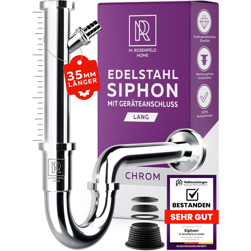 Image of Sink Siphon 1 1/4 Inch Connection - Stainless Steel Drain Siphon Height-adjustable With Wall Rosette, Odor Trap For Sink & Washing Machine, Durable & - M. Rosenfeld Home