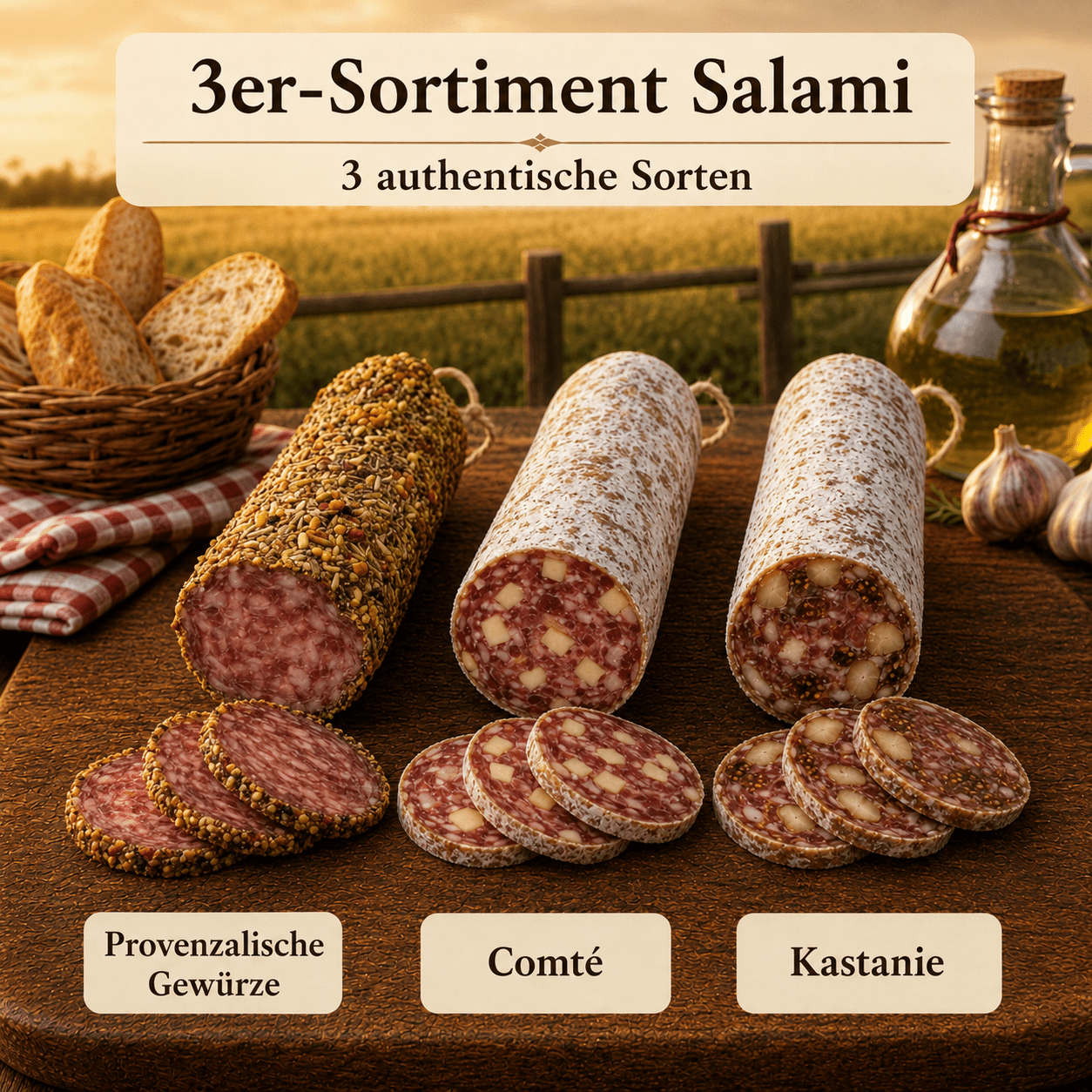 Image of 3-piece Salami Assortment - Flavors: Provençal Spices, Comté & Chestnuts, Figs & Nuts ◈ 100% French Salami ◈ Natural Casings & Hand-tied ◈ Artisanal Craftsmanship By Chillet House Since 1902