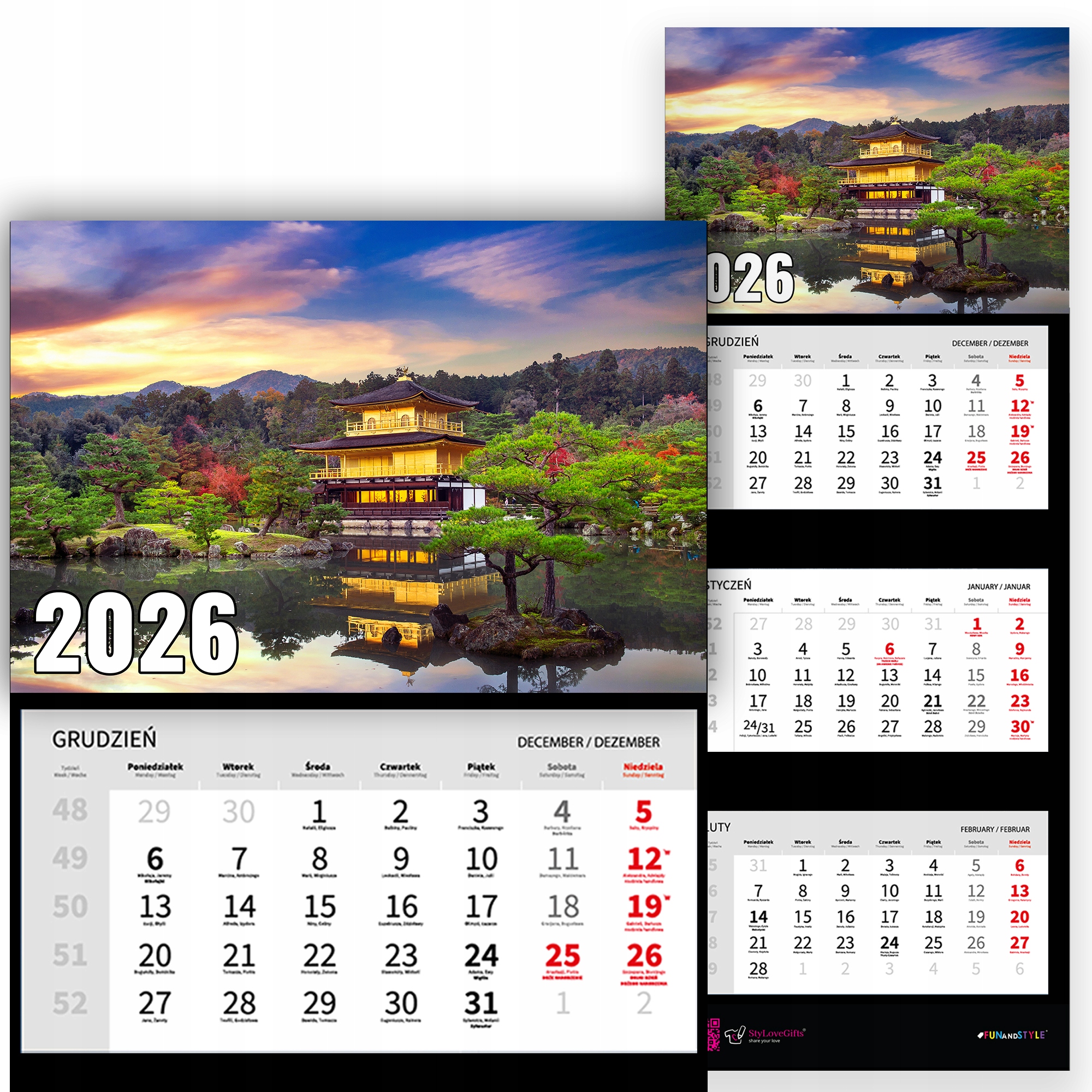 Three-part Wall Calendar For 2026 Year Landscape Nature Japanese Forest Design