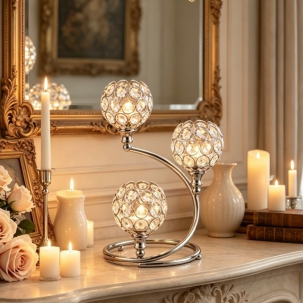 TEMU Candle Holder Centerpiece, Elegant 3 Arm Silver Table Decoration With Sparkling Crystal Accents, Wedding Decor For Dining Table, Party And Home